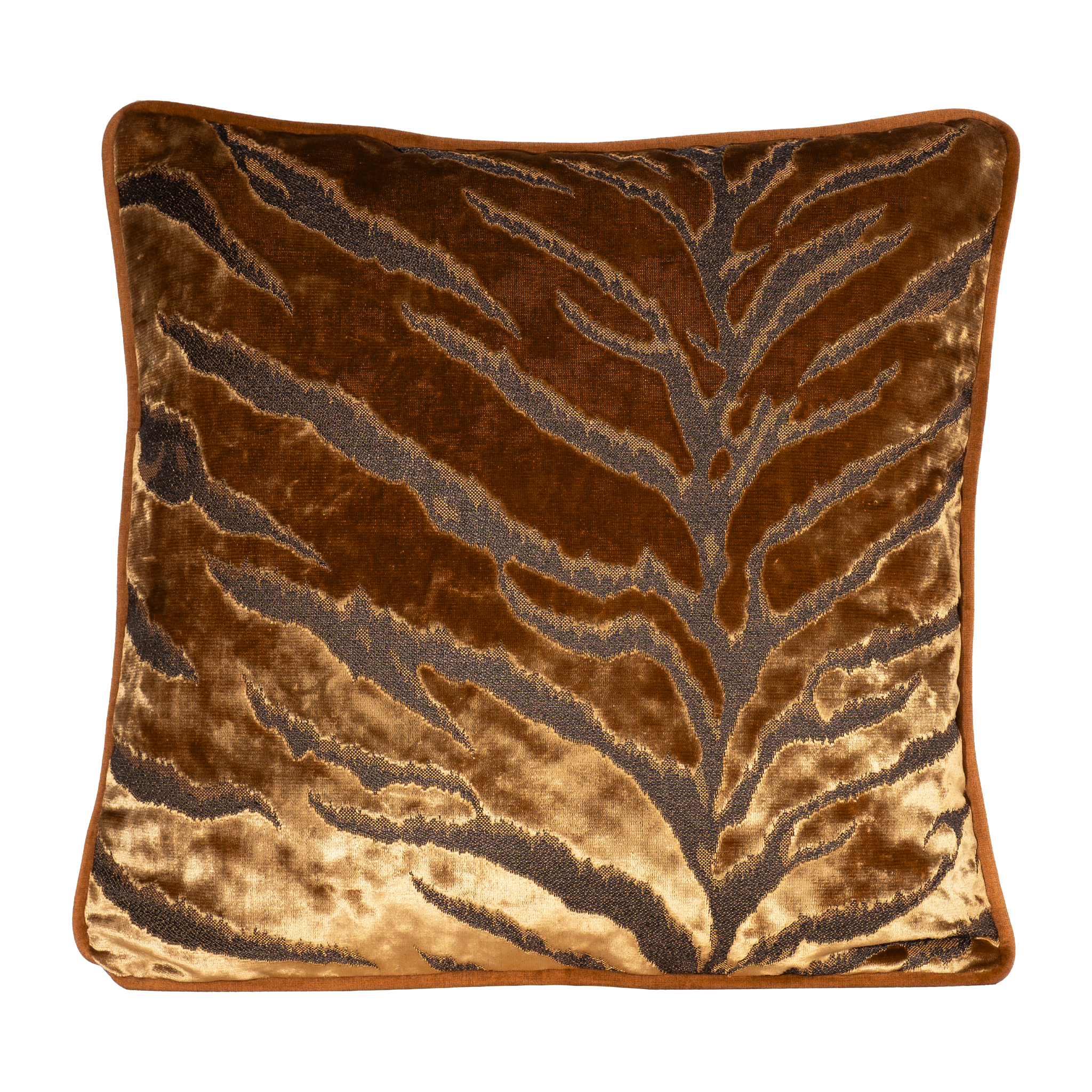 Decorative cushion with a large scale tiger stripe in bronze velvet