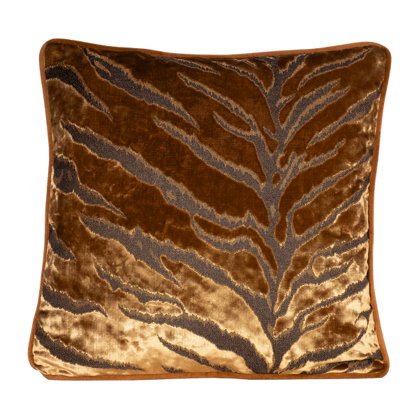 Decorative cushion with a large scale tiger stripe in bronze velvet