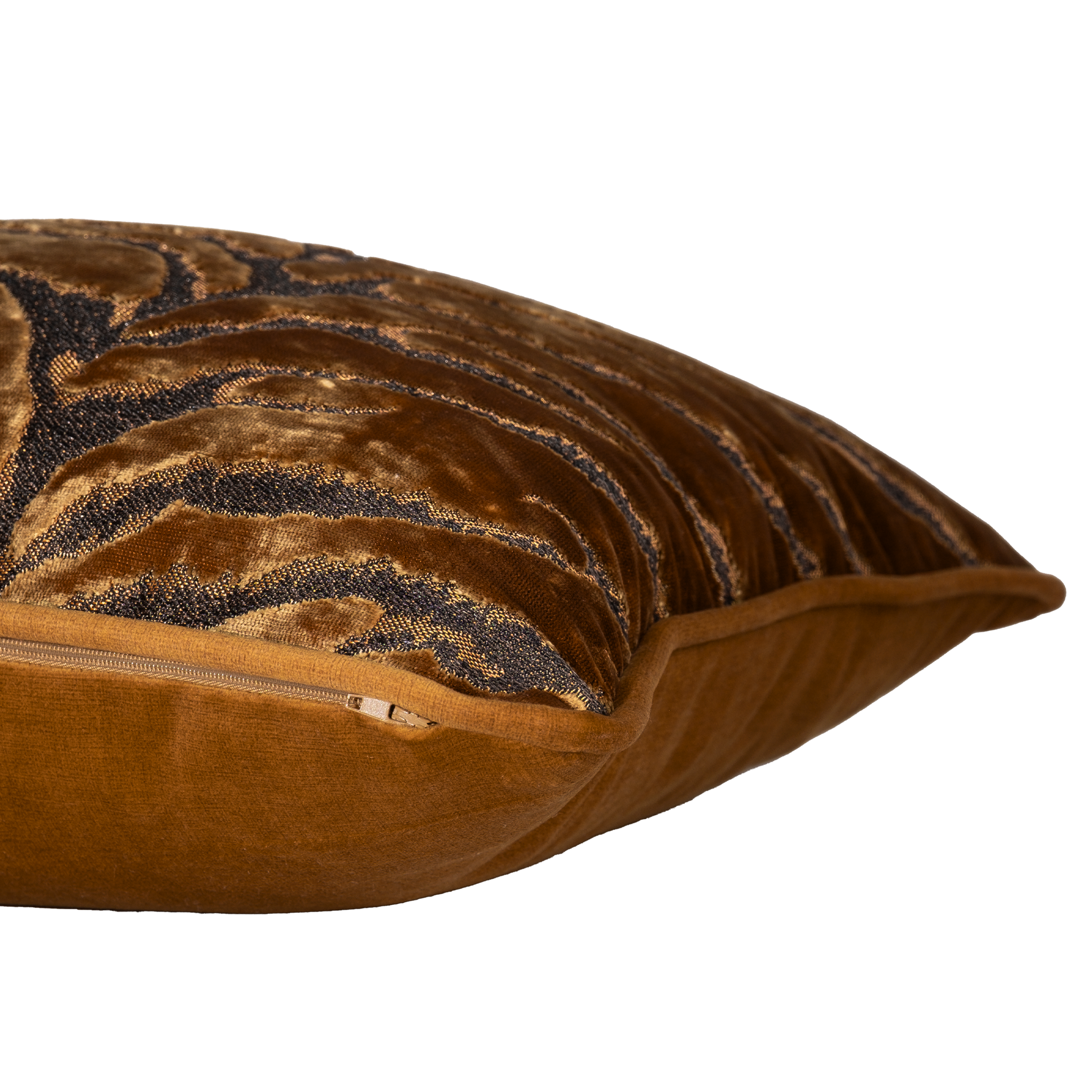 Decorative cushion with a large scale tiger stripe in bronze velvet