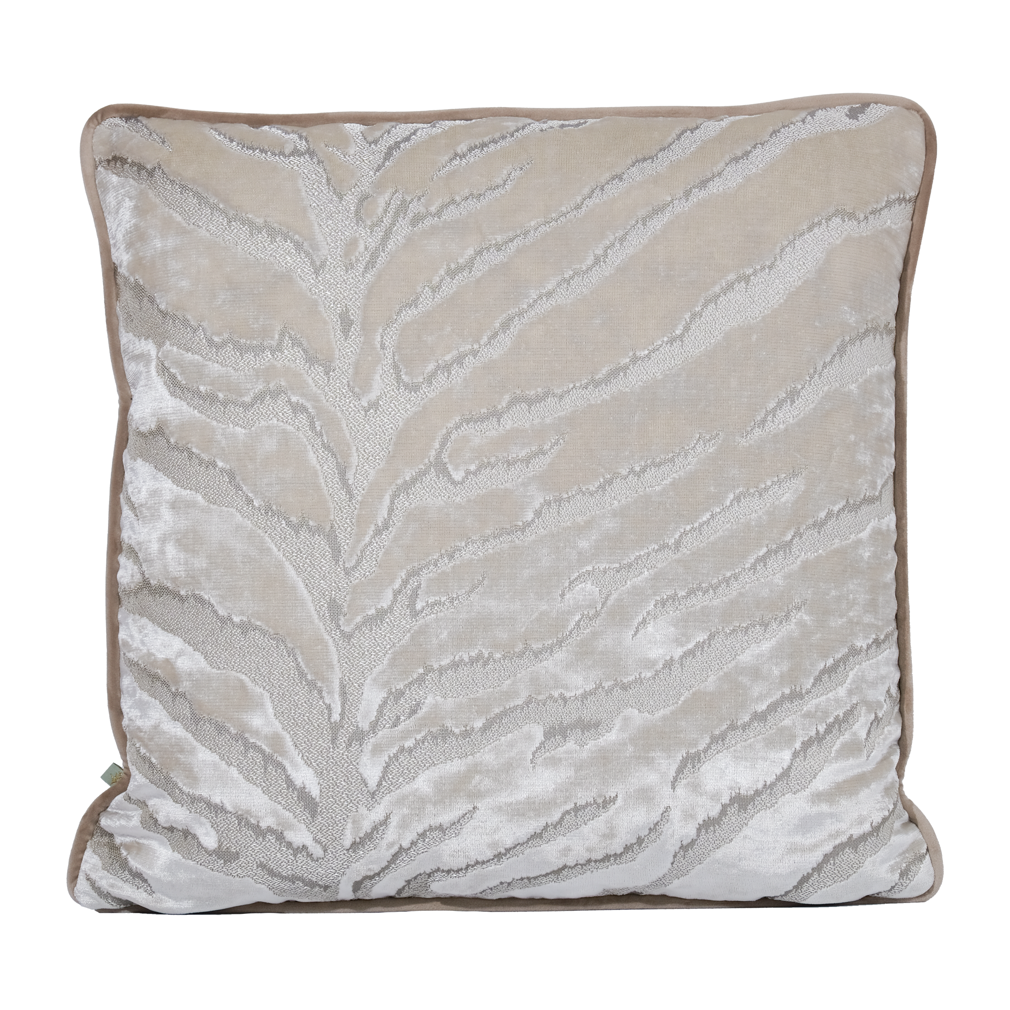 Lustrous white velvet cushion with a tiger print design