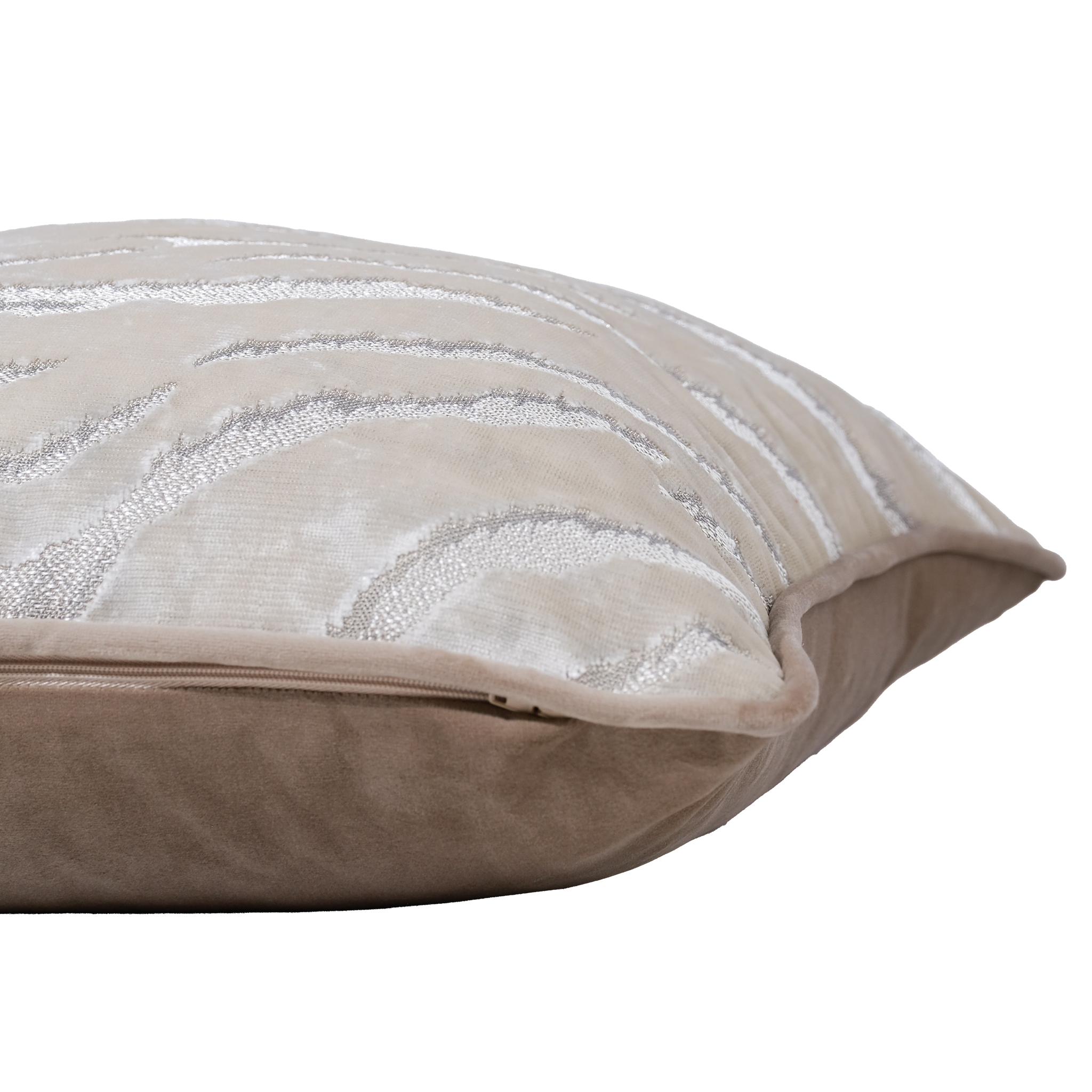 Side photo of a lustrous white velvet cushion with a tiger print design