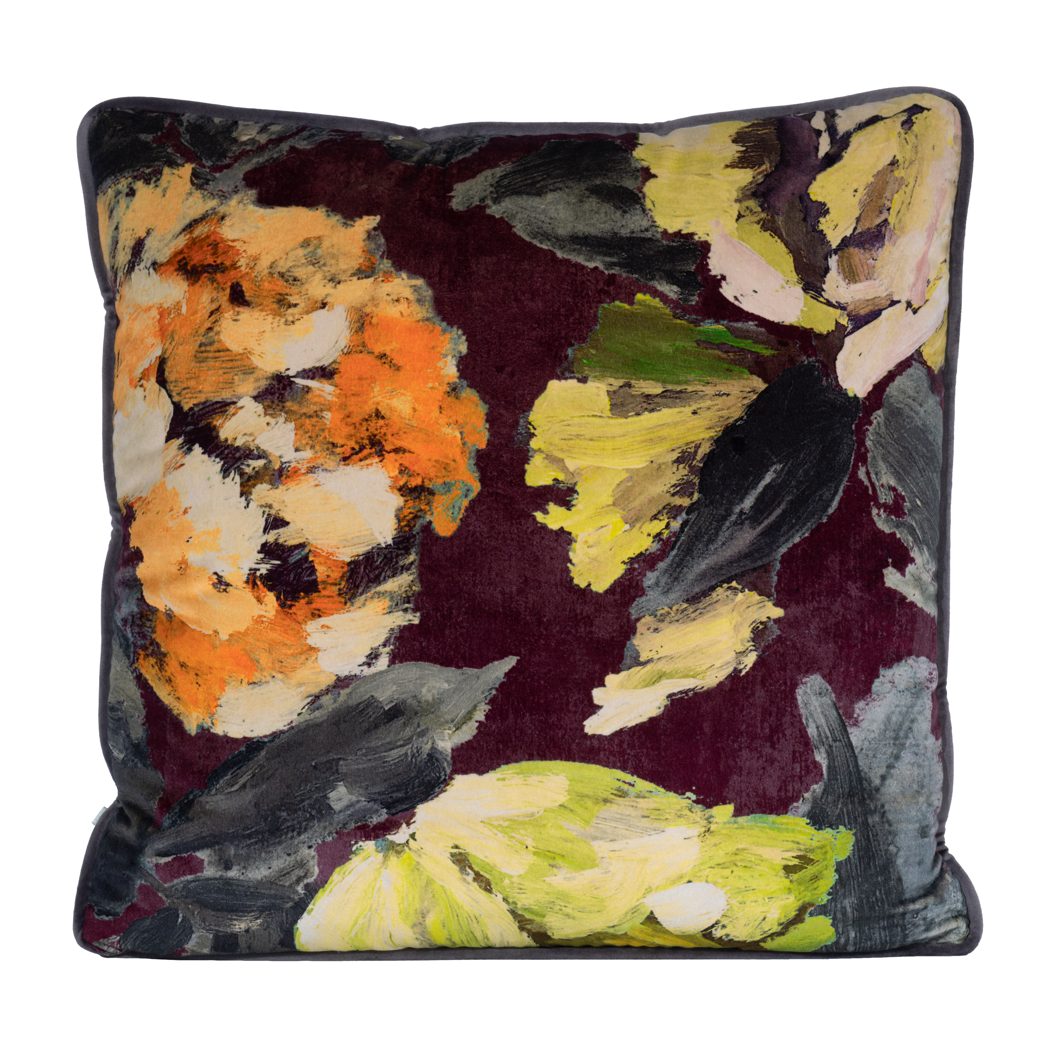 Decorative pillow with abstract floral design on an aubergine background