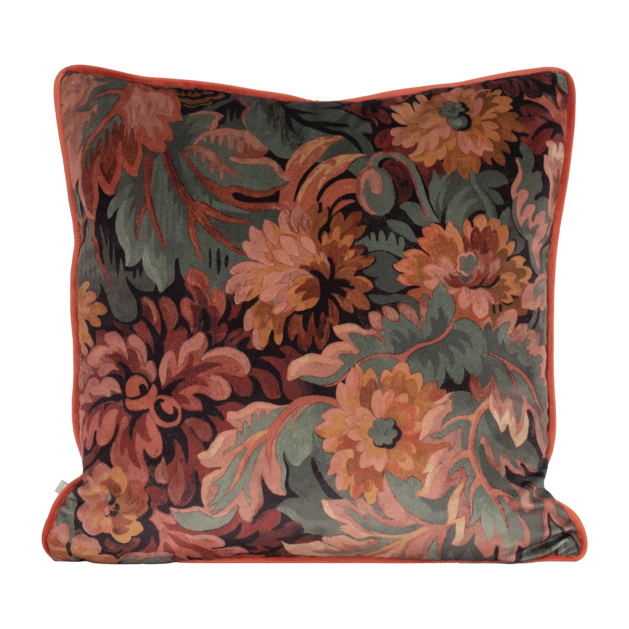 Decorative velvet pillow with a traditional floral pattern in pinks and deep reds