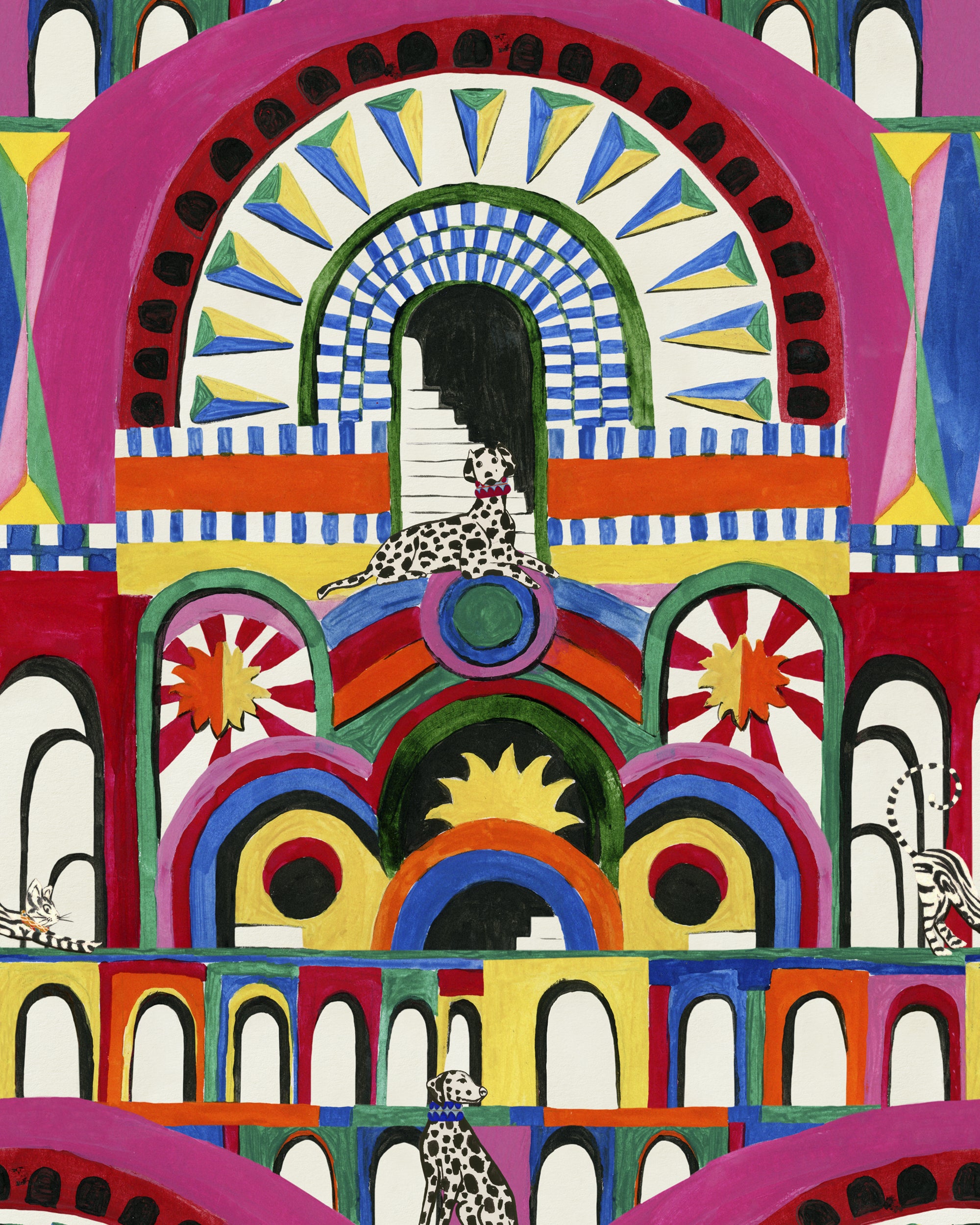 Carnivale by mind the gap Wallpaper photo features vibrant, hand-drawn icons of archways, staircases, Dalmatian dogs, striped cats and  suns. The artistic medium appears to mimic watercolour with fine detailing. Pinks, white, yellow and blue colours are used.