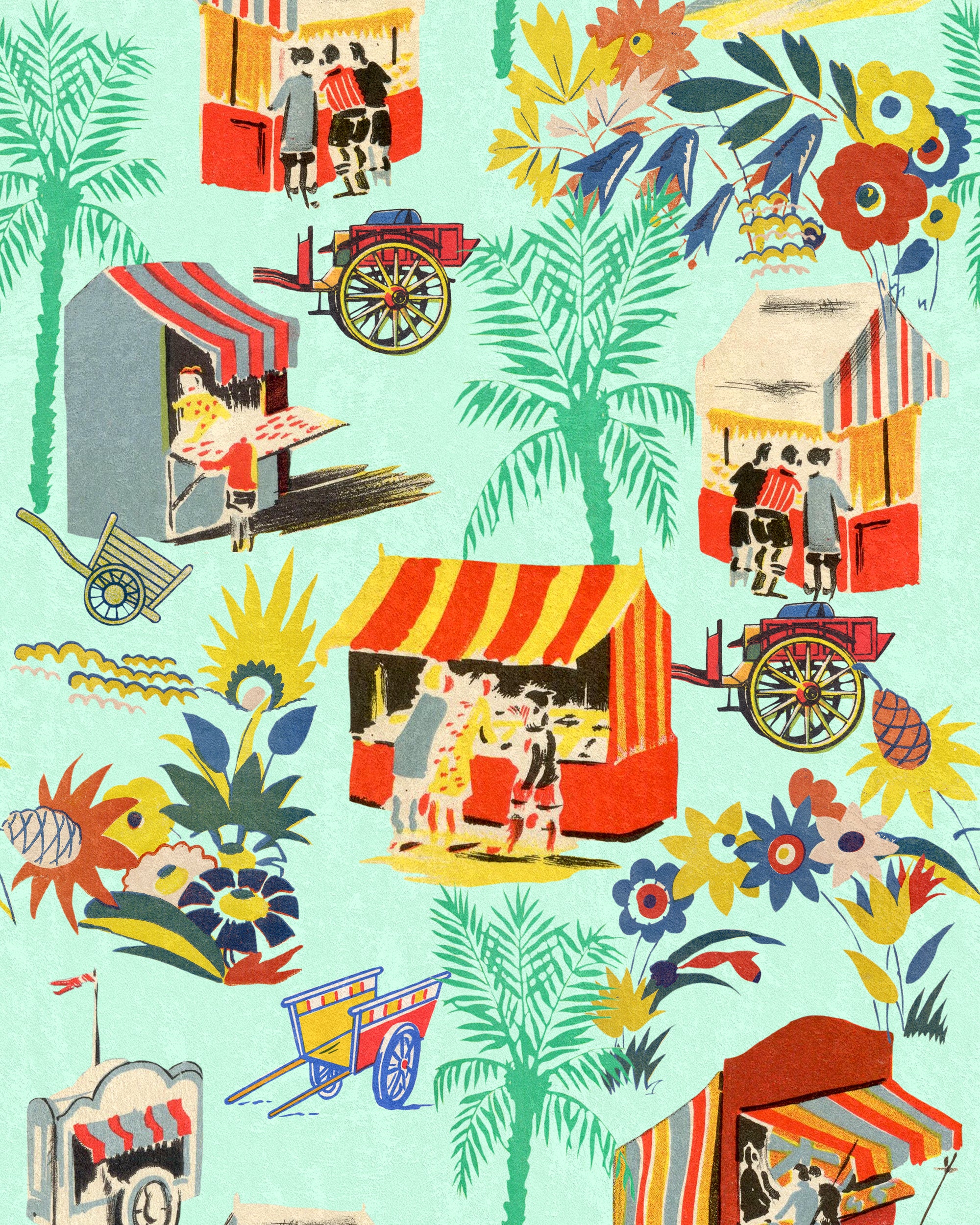 Mint green wallpaper with intricate hand-drawn illustrations of a traditional Italian food carts, by Mind the Gap. The wallpaper also features flowers and palm trees 