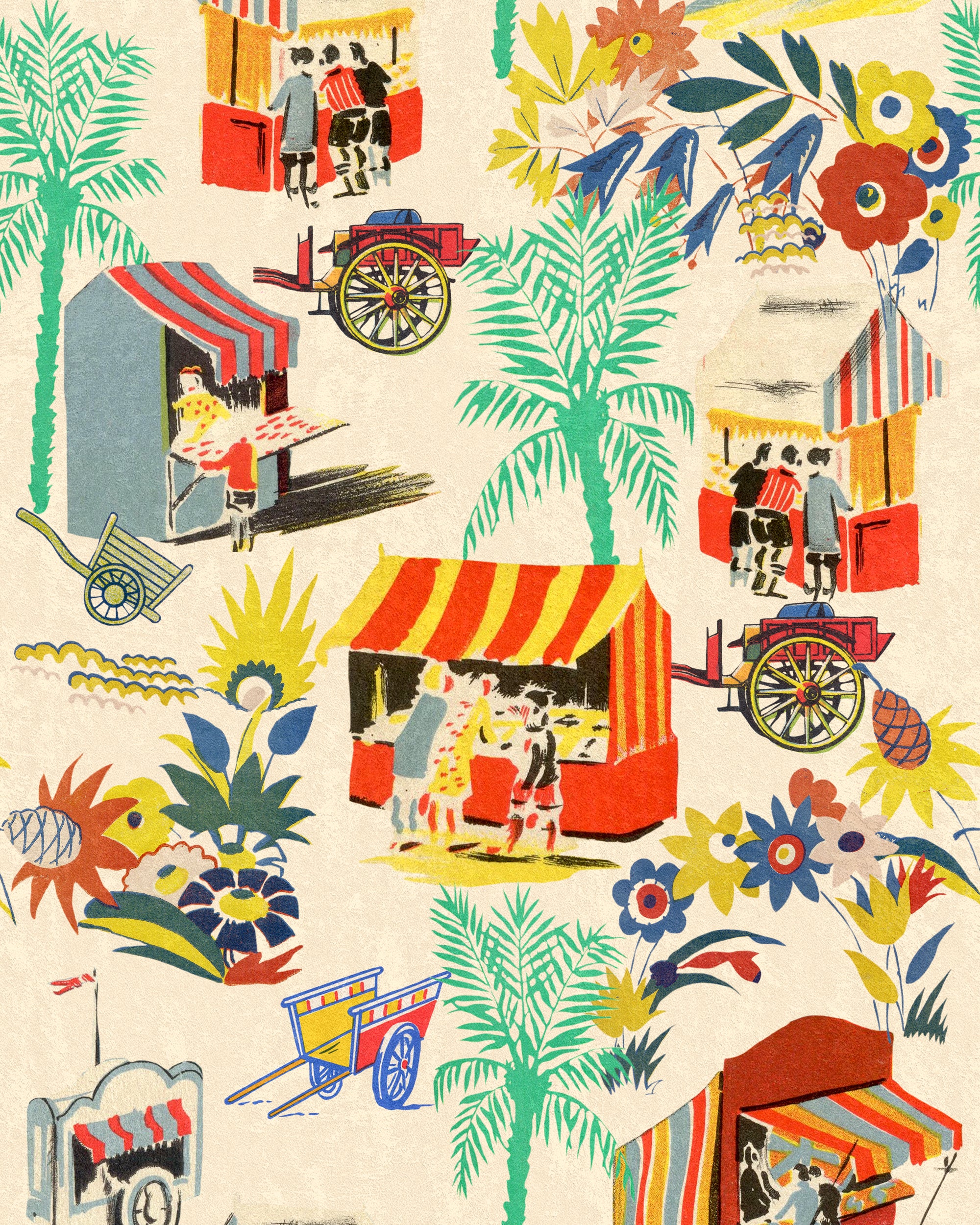 cream coloured wallpaper with intricate hand-drawn illustrations of a traditional Italian food carts, by Mind the Gap. The wallpaper also features flowers and palm trees 