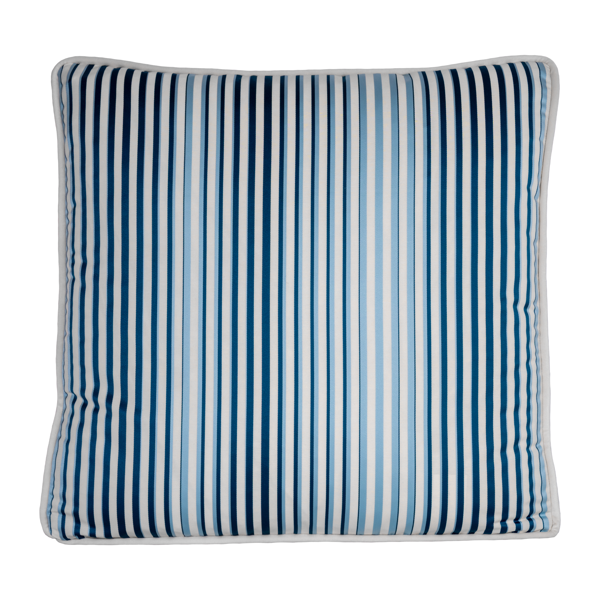 Striped pillow with blue and white vertical stripes on a white background