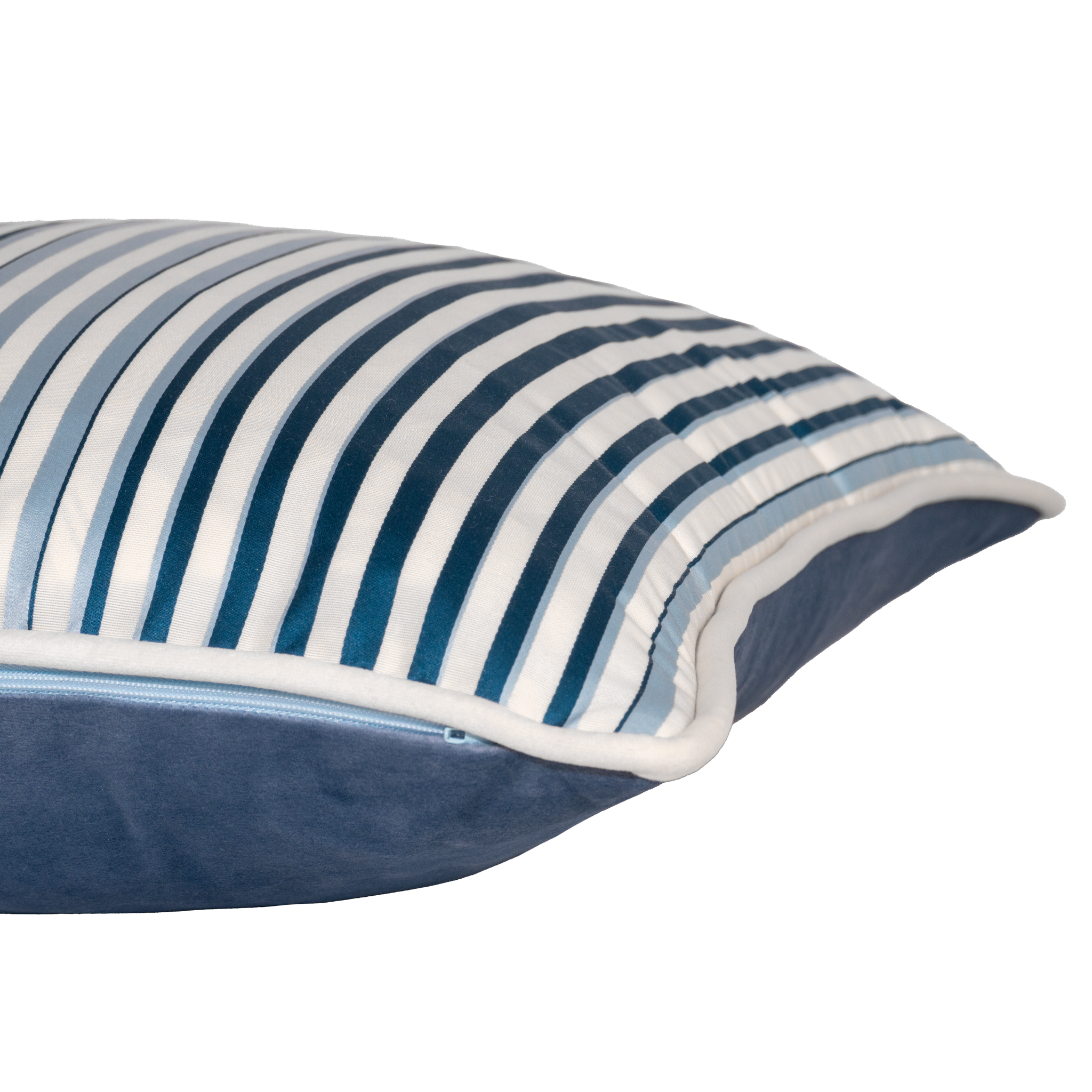 Striped pillow with blue and white pattern on a white background