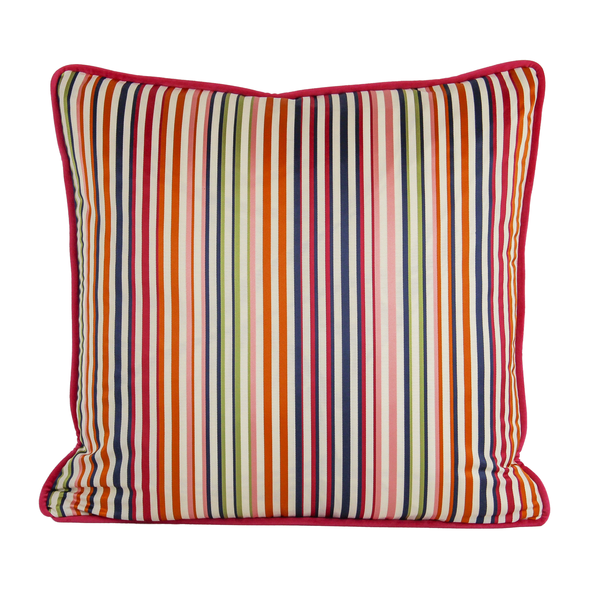 Decorative cushion in a multicoloured satin weave narrow stripe