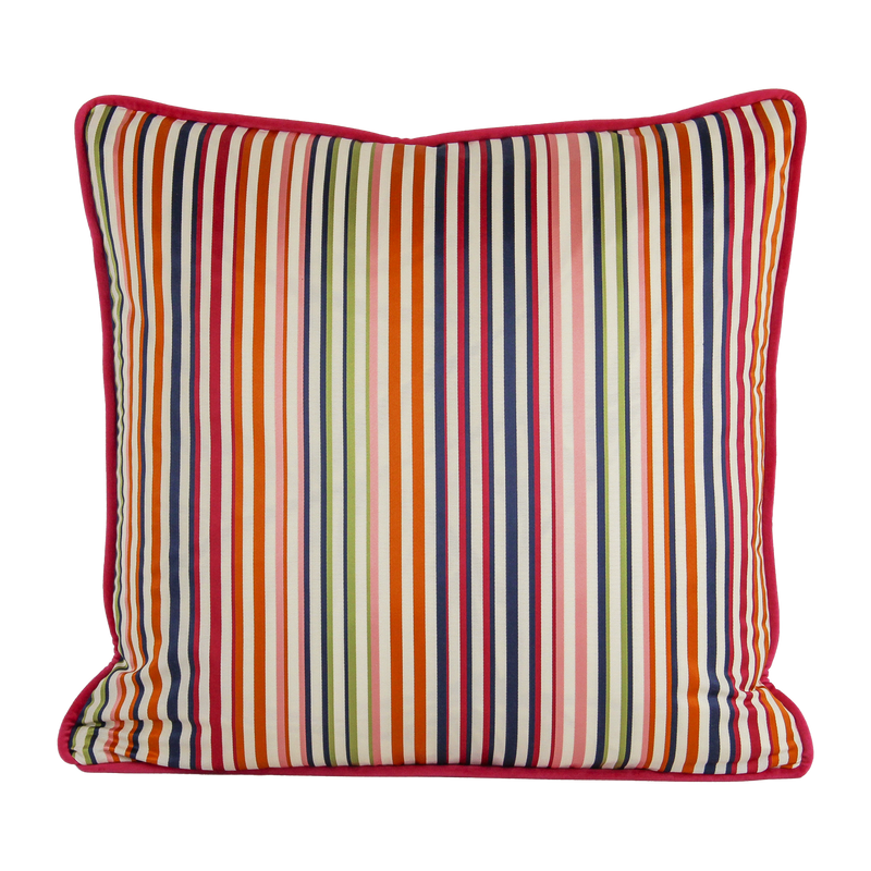 Decorative cushion in a multicoloured satin weave narrow stripe