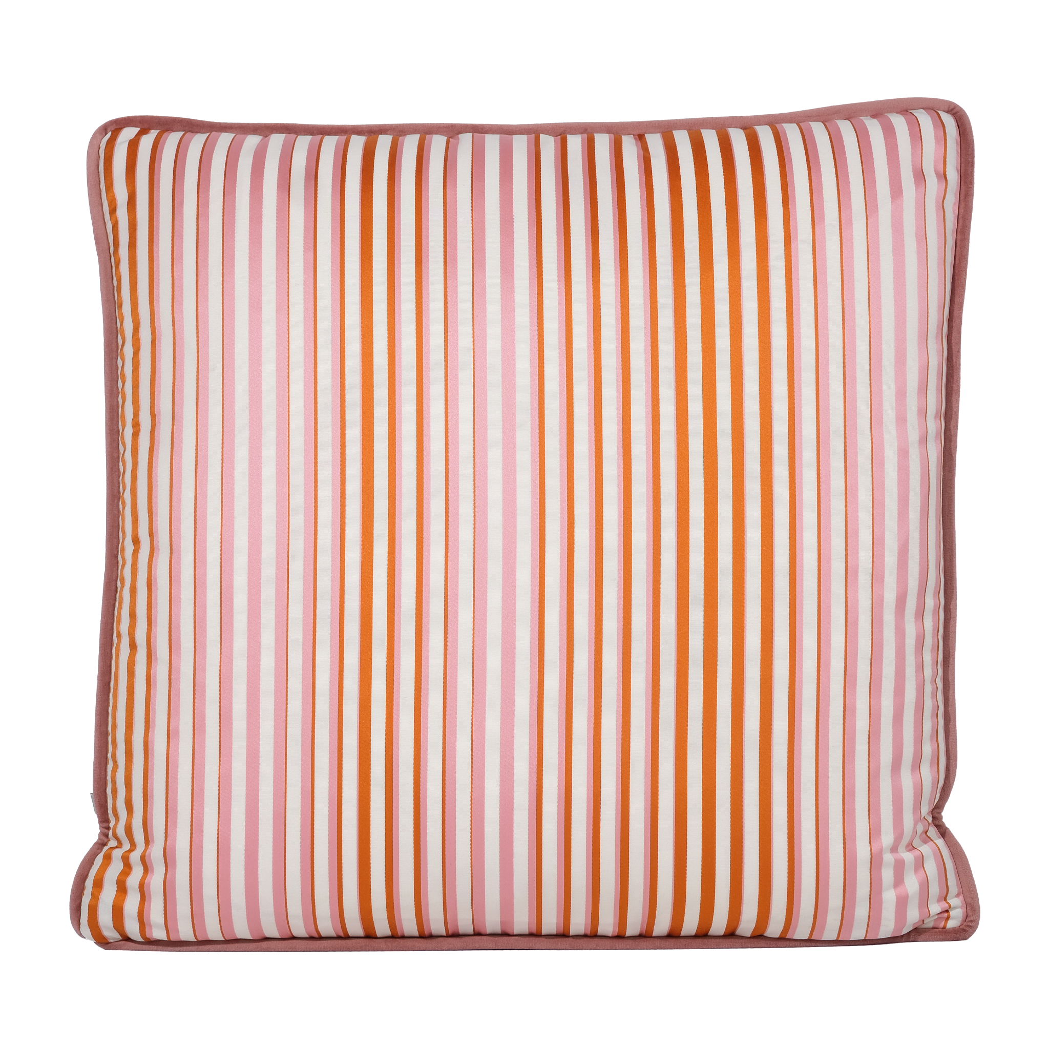 Striped pillow with orange and pink vertical regency stripes on a white background