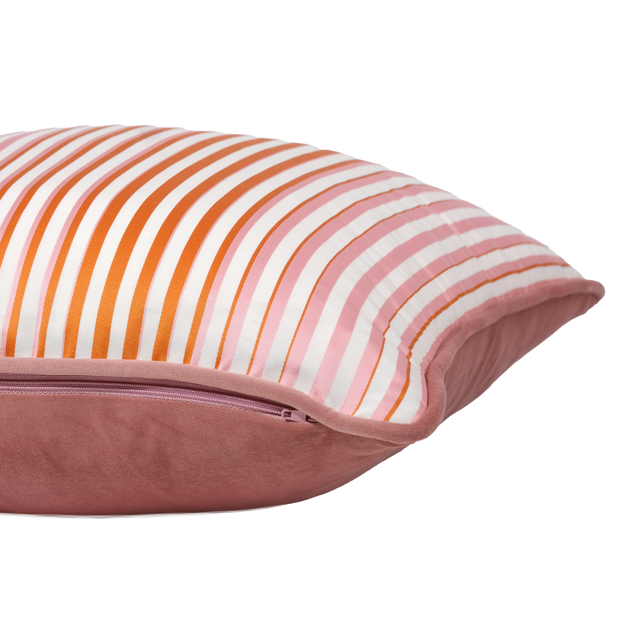 Striped pillow with pink, orange, and white pattern on a white background