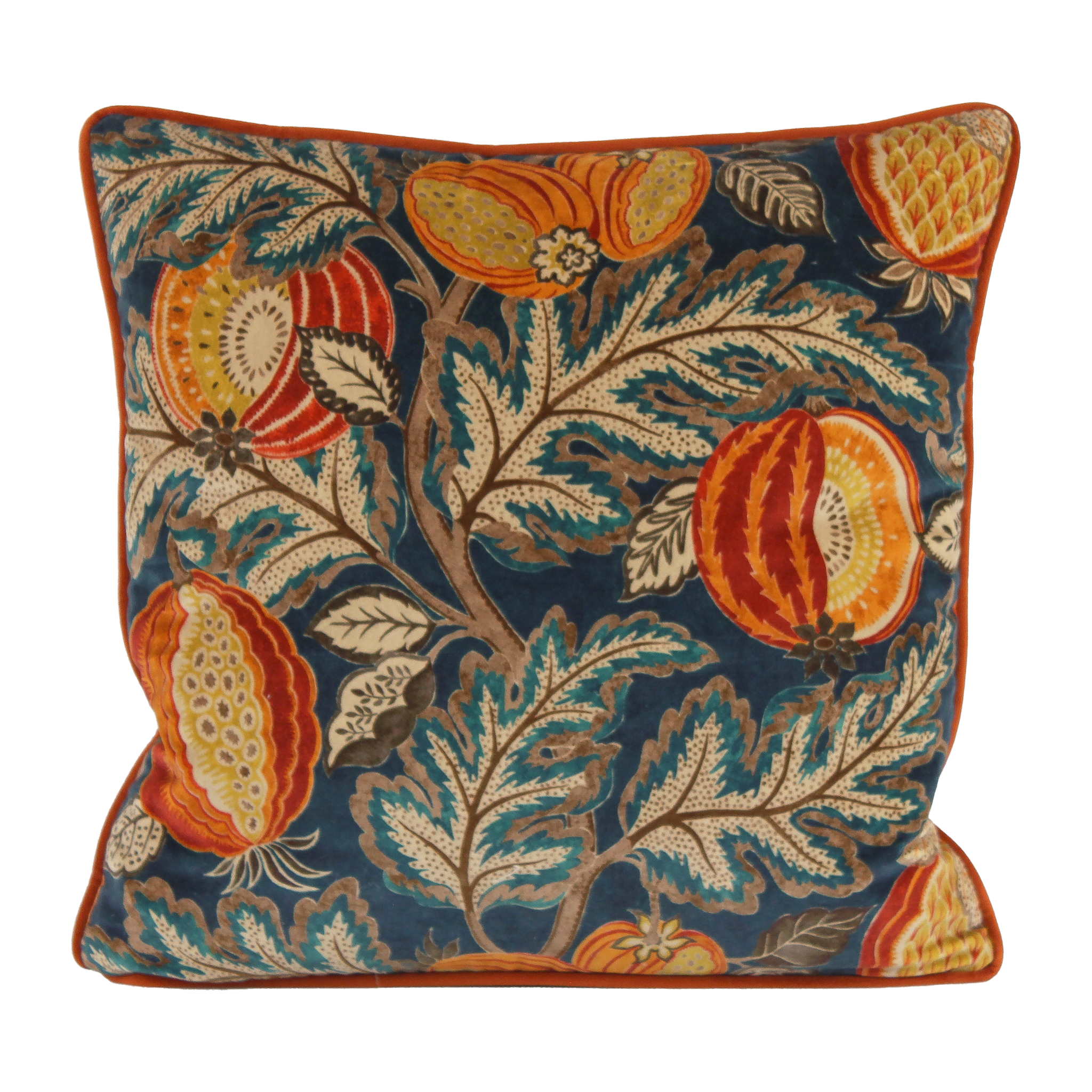 Decorative cushion with floral and fruit pattern on a blue background