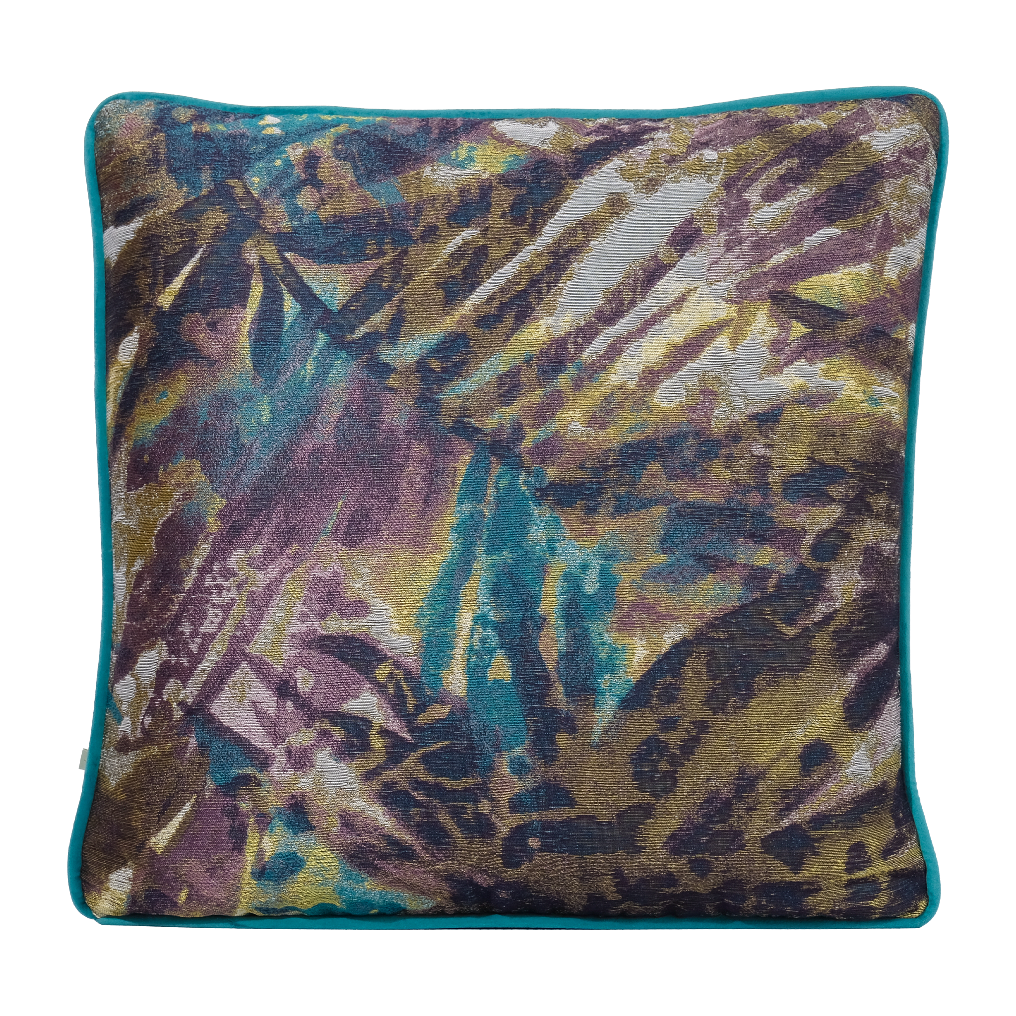 A square decorative throw pillow featuring an abstract, textured botanical pattern in teal, purple, gold, and brown tones, finished with a solid teal piped edge.