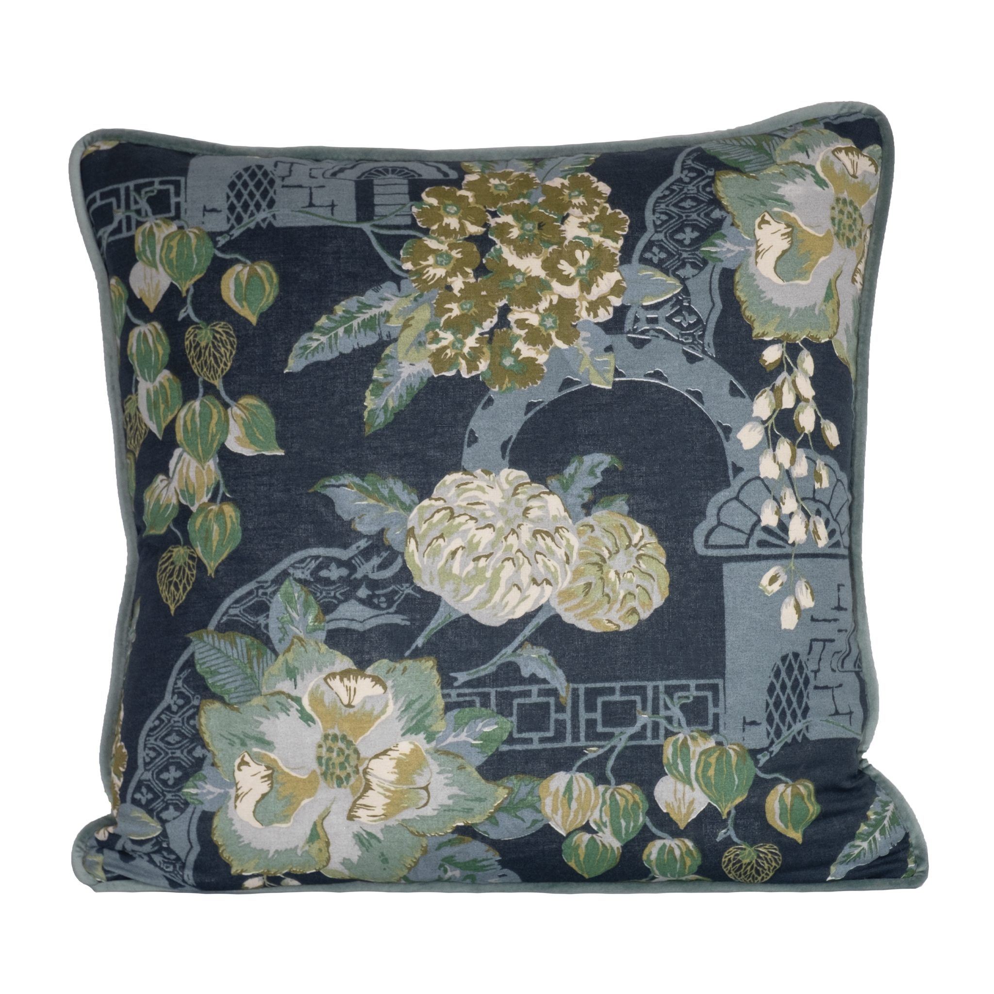 Decorative pillow with floral pattern on a dark blue background