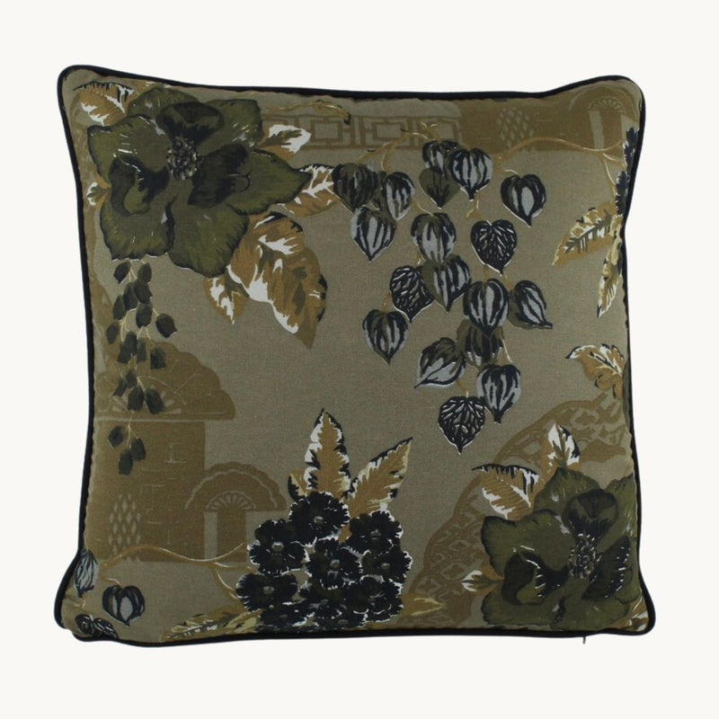 photo of a cushion with an oriental design in khaki, olive and black