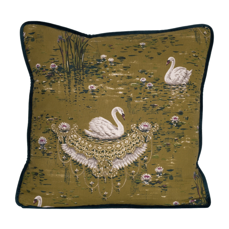 Cushion with white swans and flowers on an olive coloured base