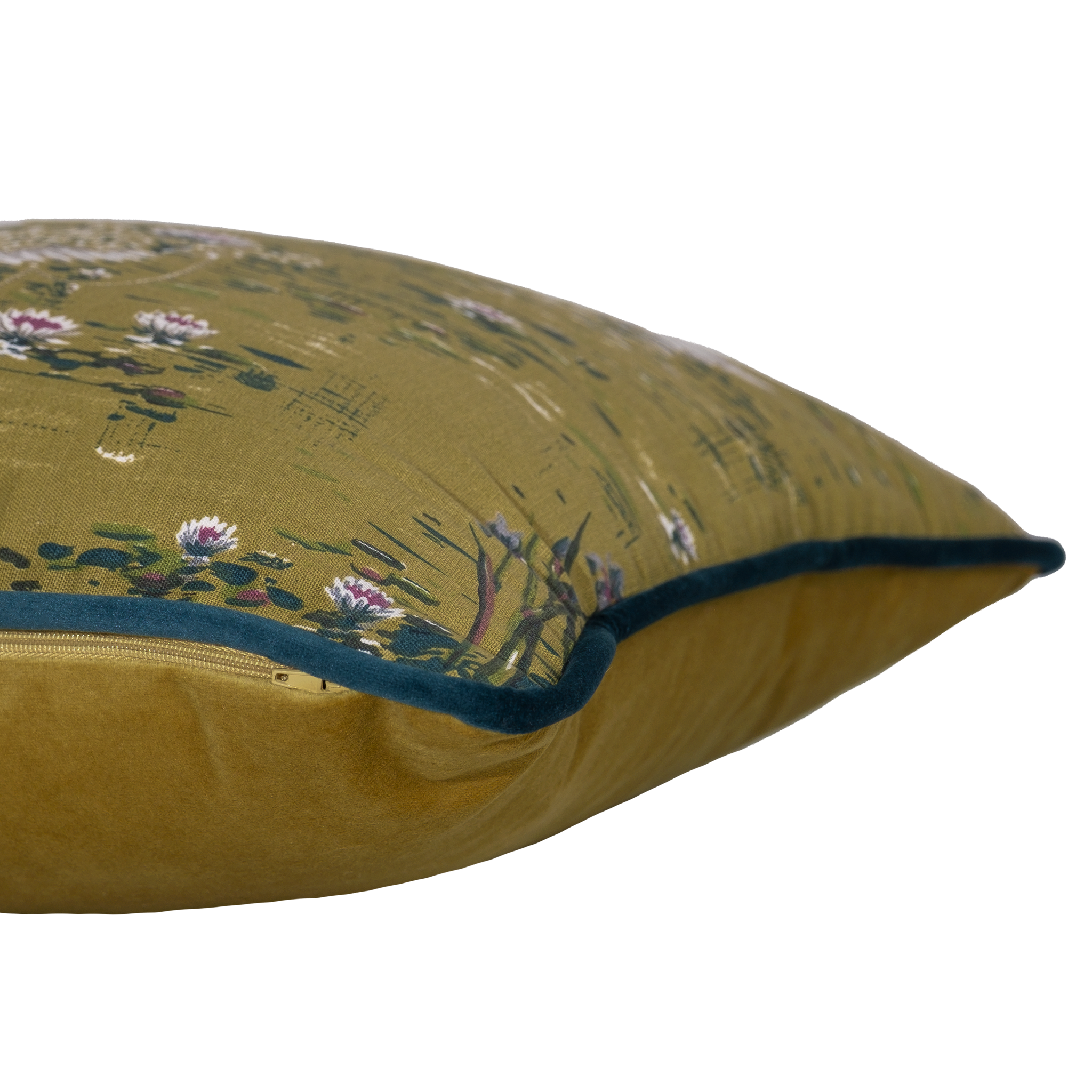 Side shot of a cushion with white swans and flowers on an olive coloured base