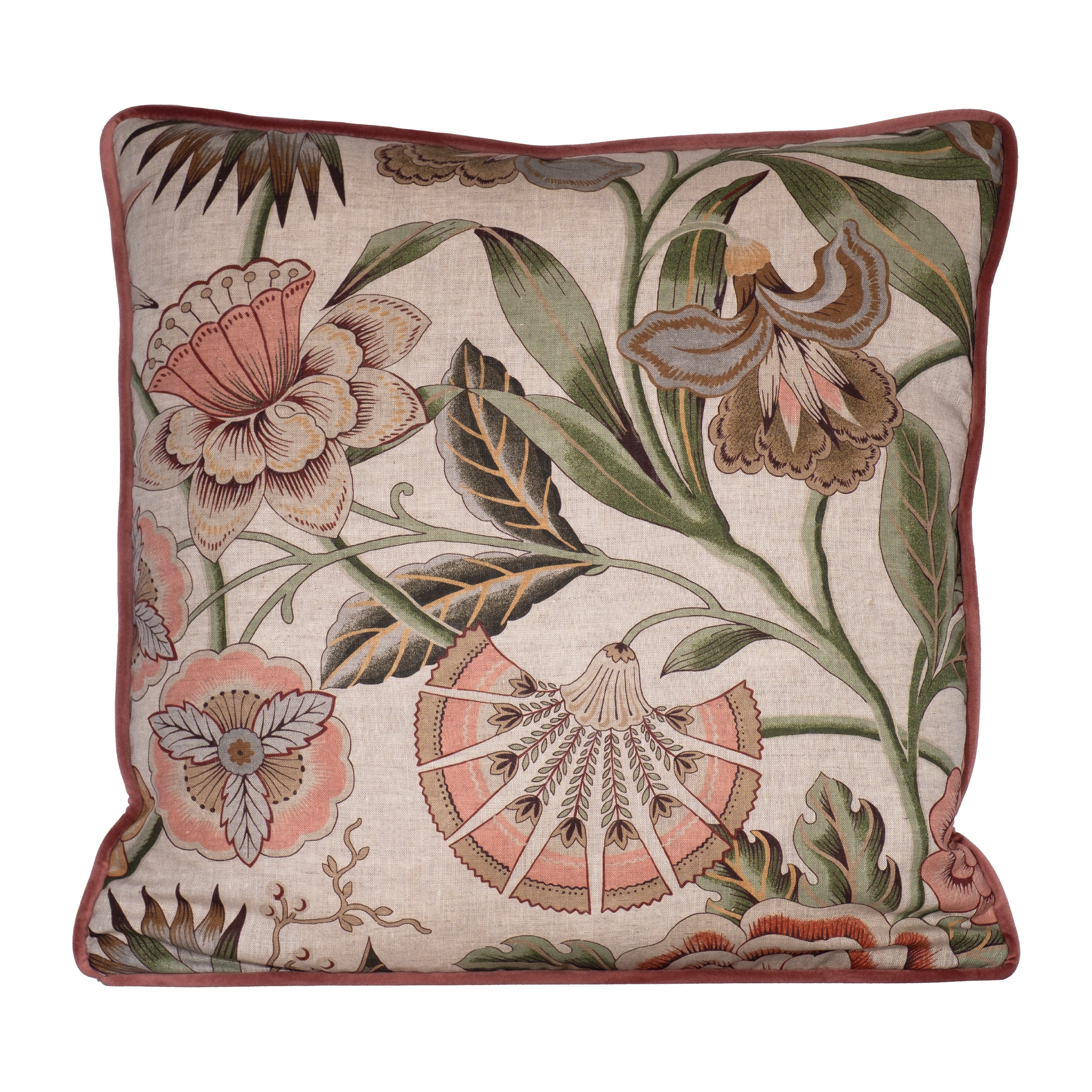Linen floral cushion in pinks greens and natural tones.