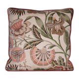 Linen floral cushion in pinks greens and natural tones.