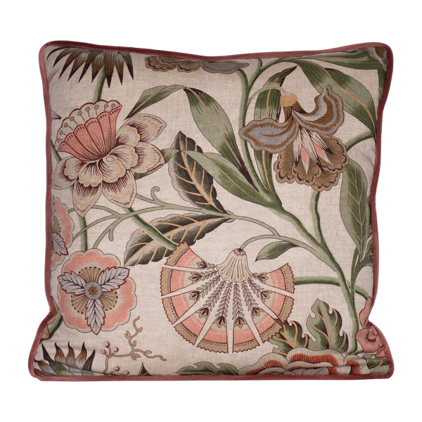 Linen floral cushion in pinks greens and natural tones.