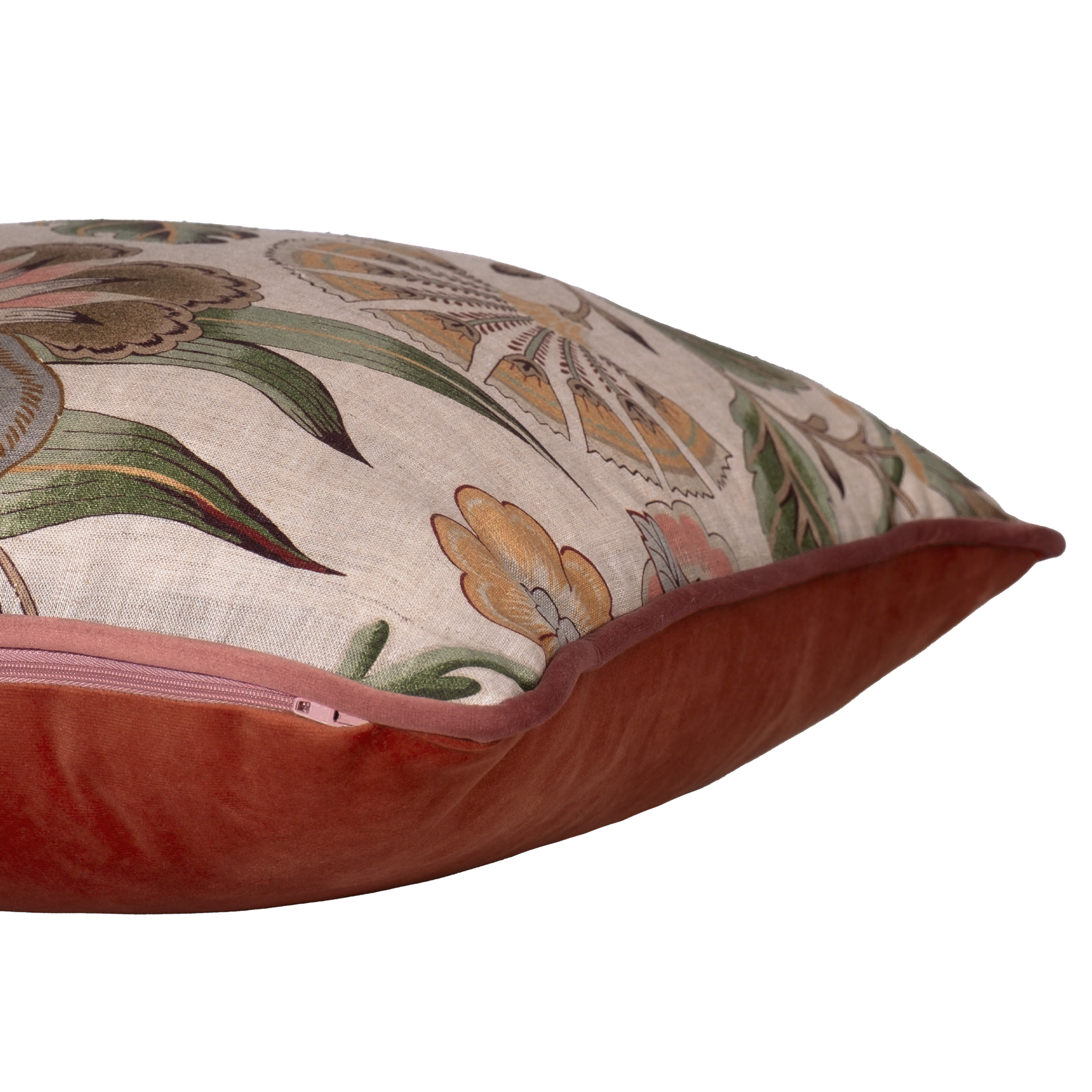 Side shot of a linen floral cushion in pinks greens and natural tones.