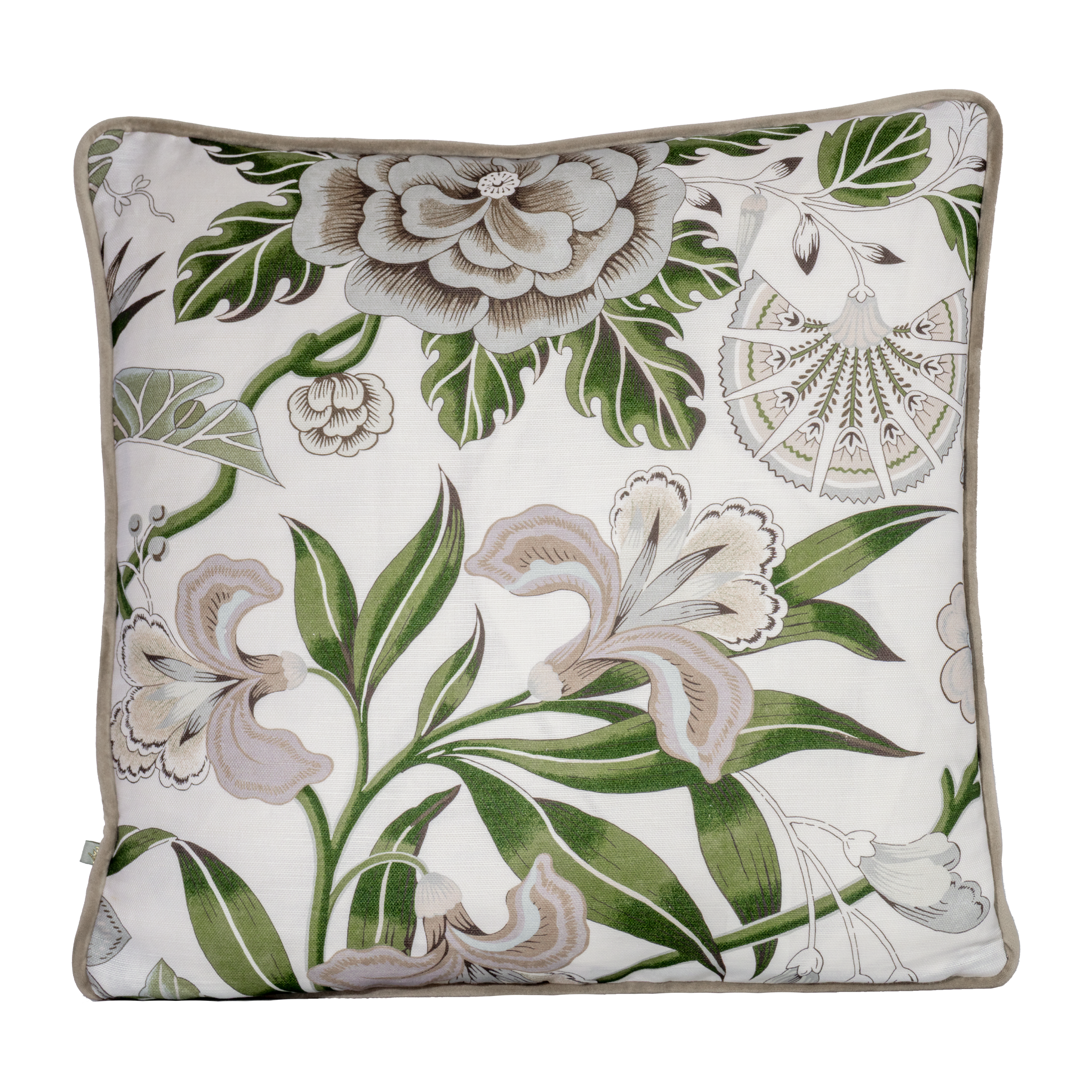 Piped cushion with a white background and a large art nouveaux floral pattern