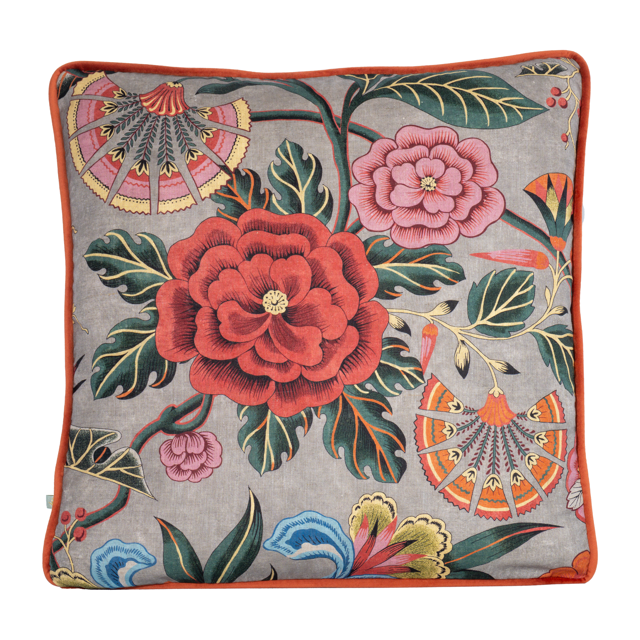 Decorative cushion with floral art nouveau design on a grey background
