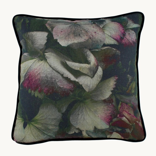 Photo of a large scale moody floral with overblown hydrangea flowers printed on linen