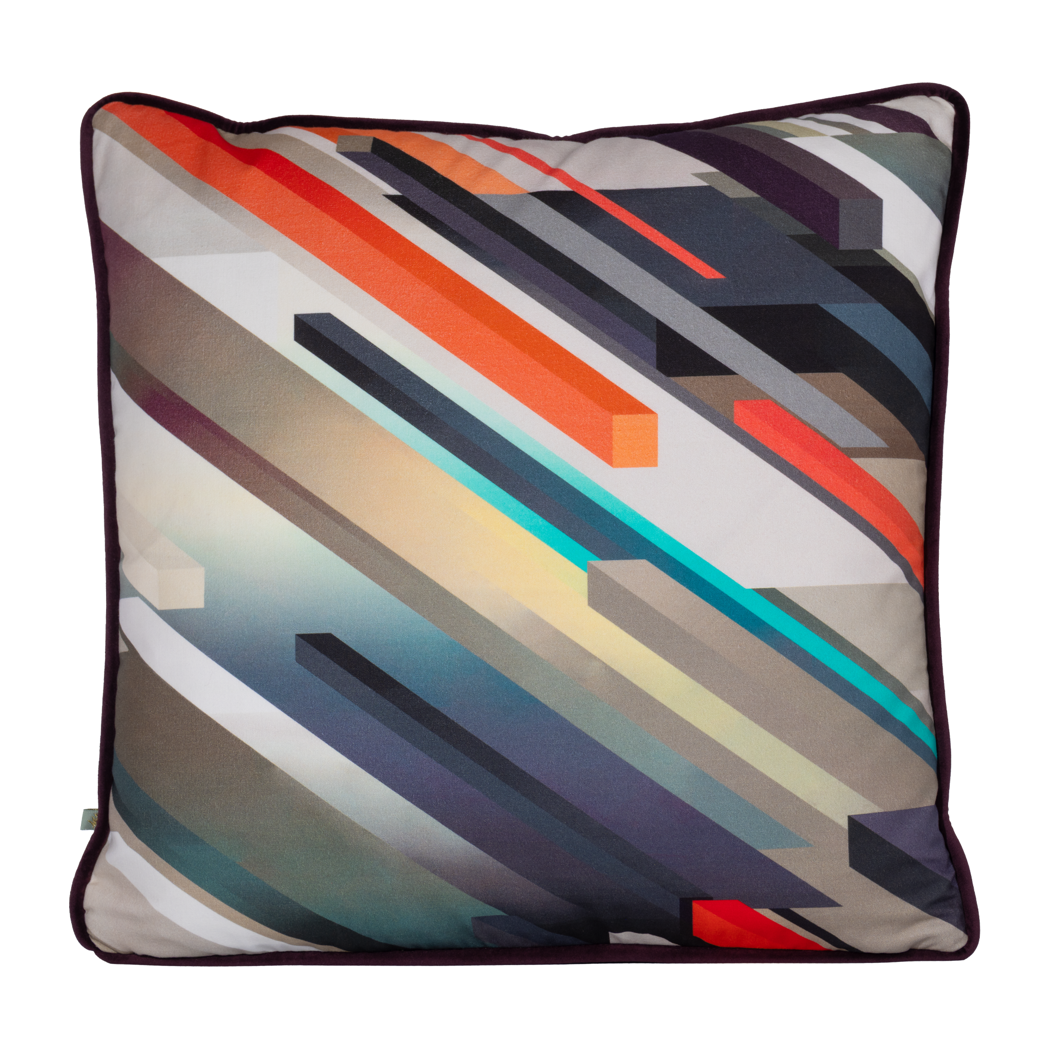 Decorative pillow with geometric striped pattern on a white background