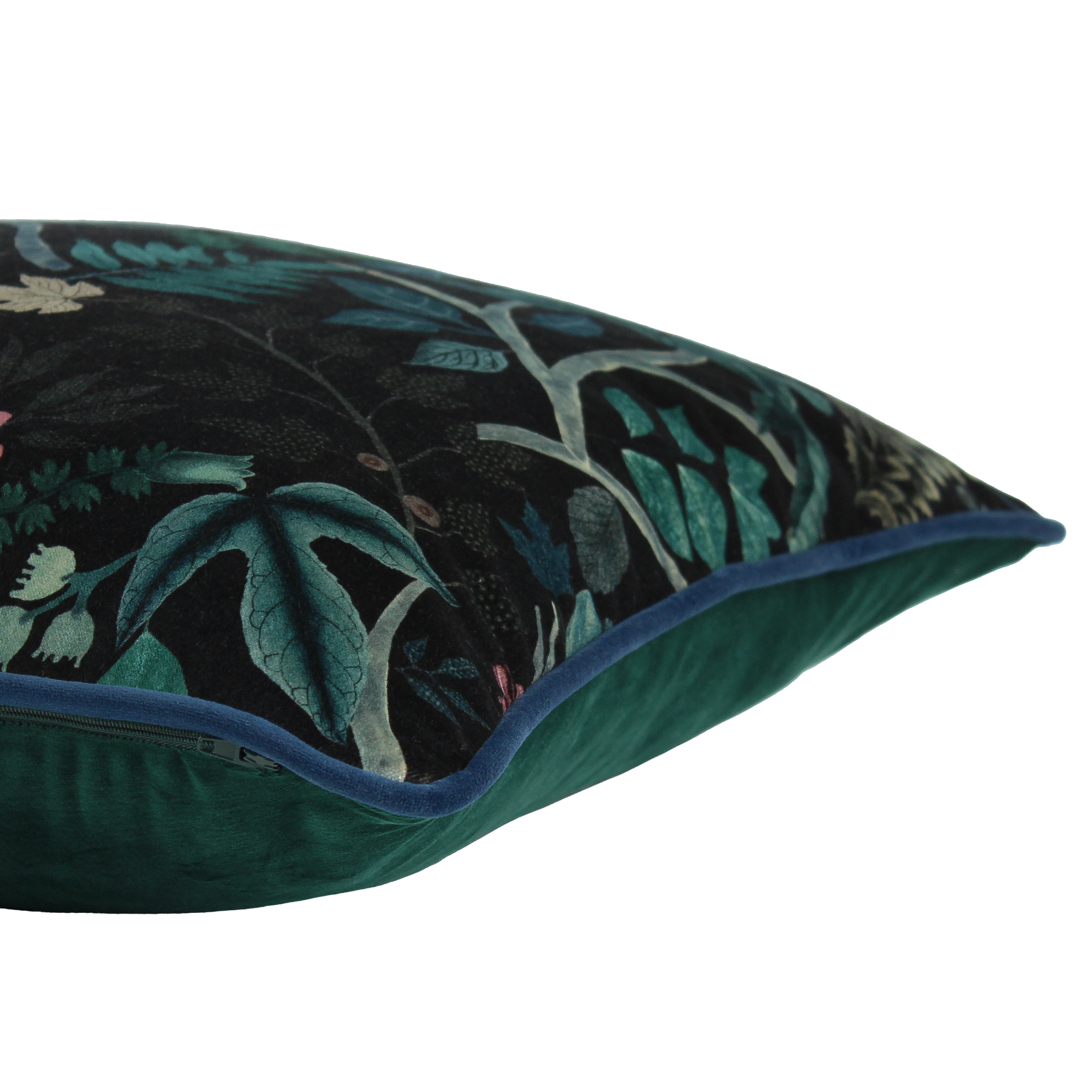 Decorative cushion with a leafy  botanical pattern on a black velvet background