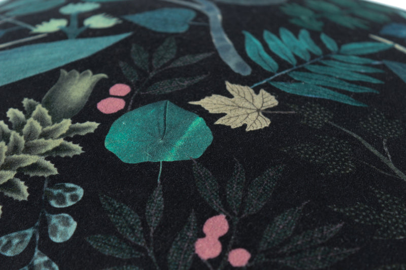 Close up of a velvet with a leafy  botanical pattern on a black background