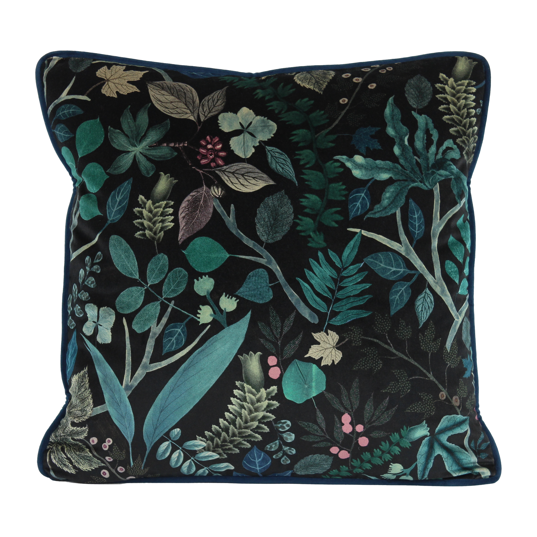 Decorative cushion with a leafy  botanical pattern on a black velvet background