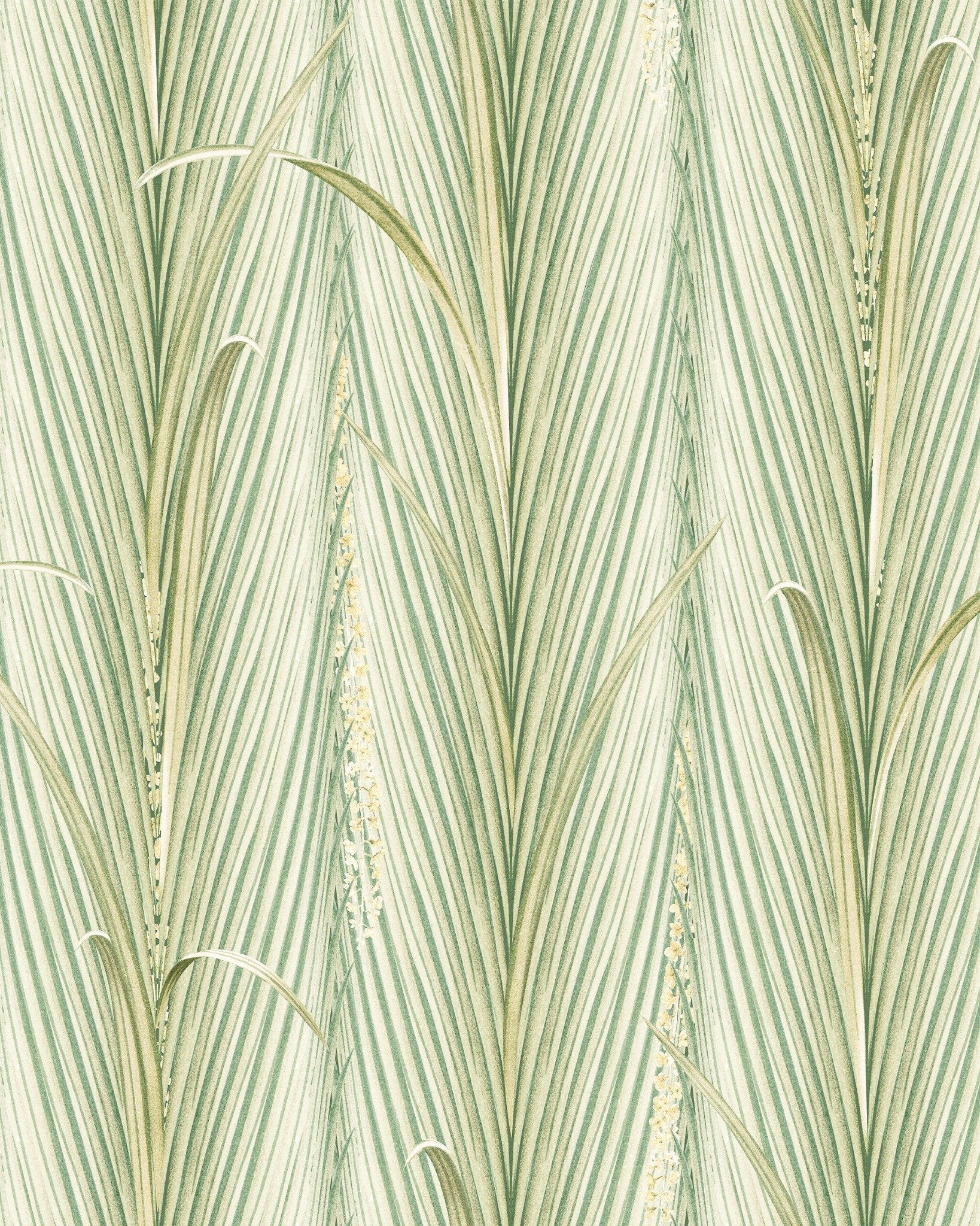 A botanical wallpaper featuring delicate green palm leaves with fine detailing on a light background, creating a natural and elegant tropical aesthetic.
