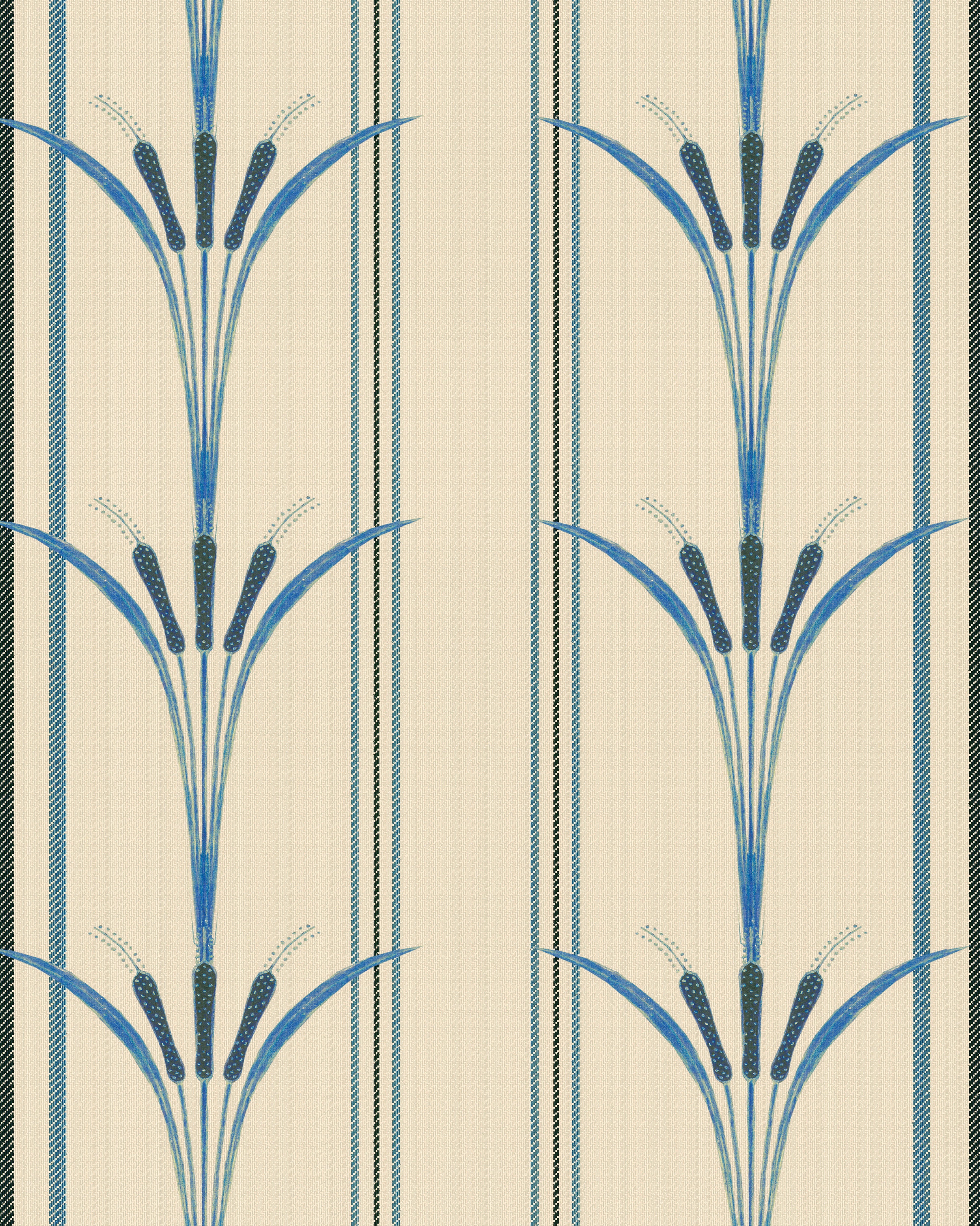 Wallpaper with blue botanical stalks, navy and olive stripes on a textured cream background, offering a clean, symmetrical vintage look