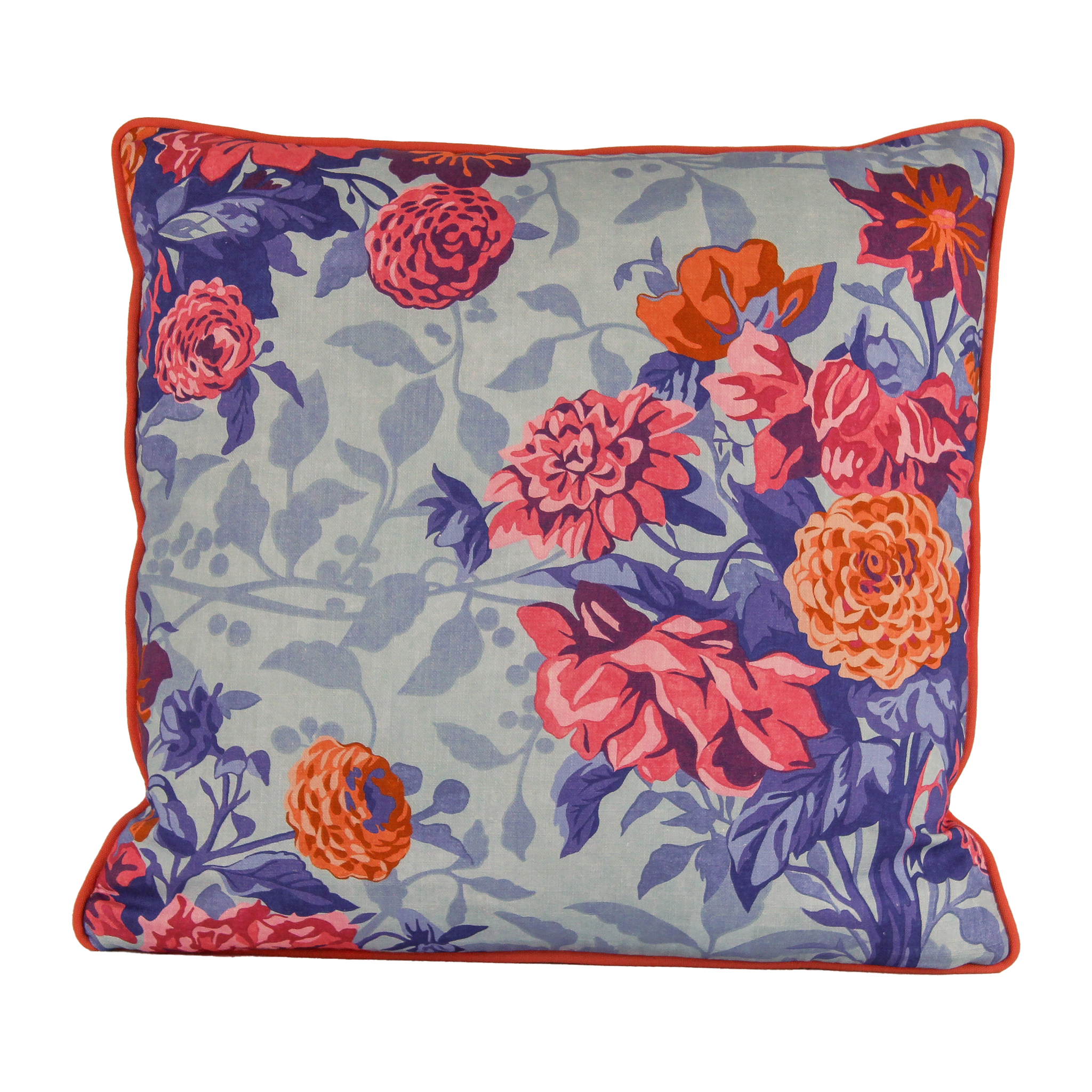 Floral patterned cushion with  pink, coral and orange dahlias on a light blue background