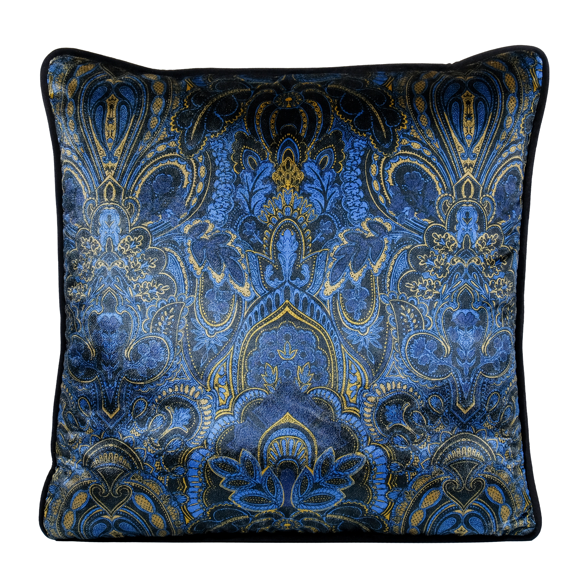Decorative cushion with a moody dark blue and black intricate persian damask