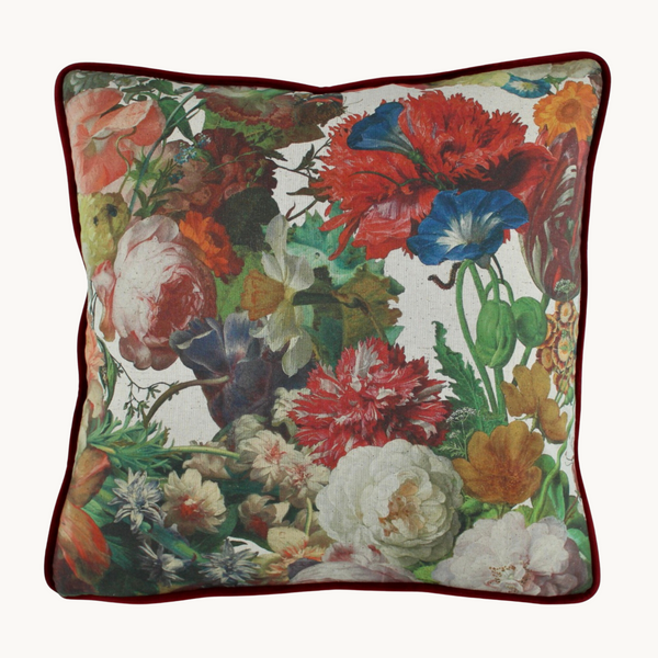 Photo of a floral cushion in the style of Dutch Masters paintings.