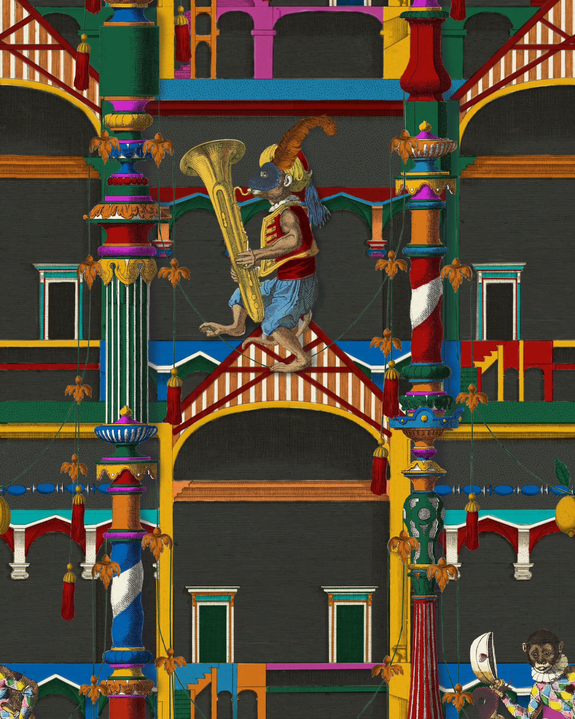 Photo of el circo dark wallpaper by mind the gap. This design features a surreal monkey figure playing a large brass instrument, surrounded by intricate architectural details and vivid columns adorned with ornate patterns. The scene is set against a dark backdrop with bold primary colours like red, blue, and green, emphasizing the whimsical and fantastical elements. Richly detailed, it combines animal motifs and carnival-inspired accents in a hand-drawn style for an opulent, theatrical effect.