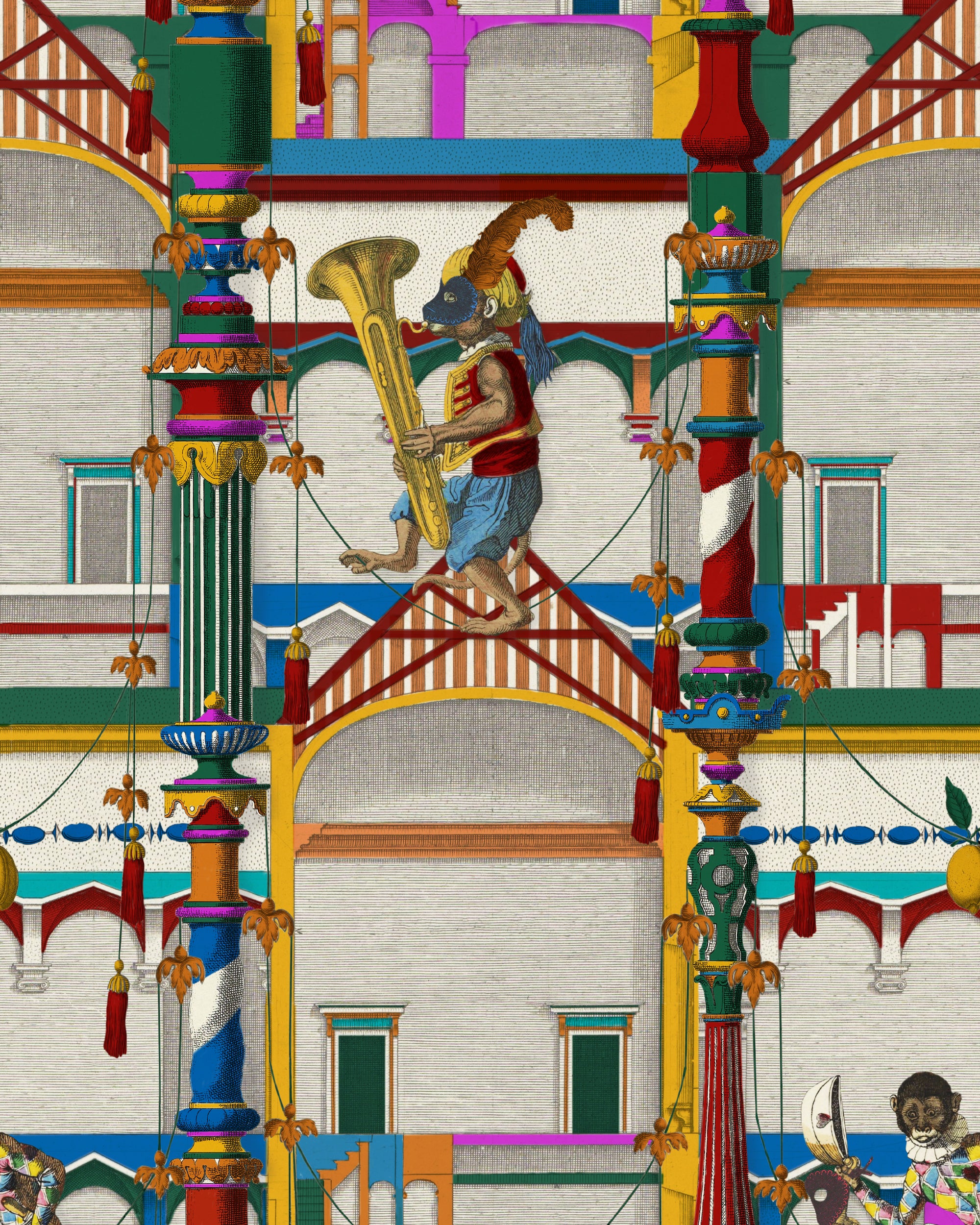 Colorful El Circo wallpaper by Mind the Gap, featuring vibrant circus scenes with performers, acrobats, and animals in a vintage, whimsical style