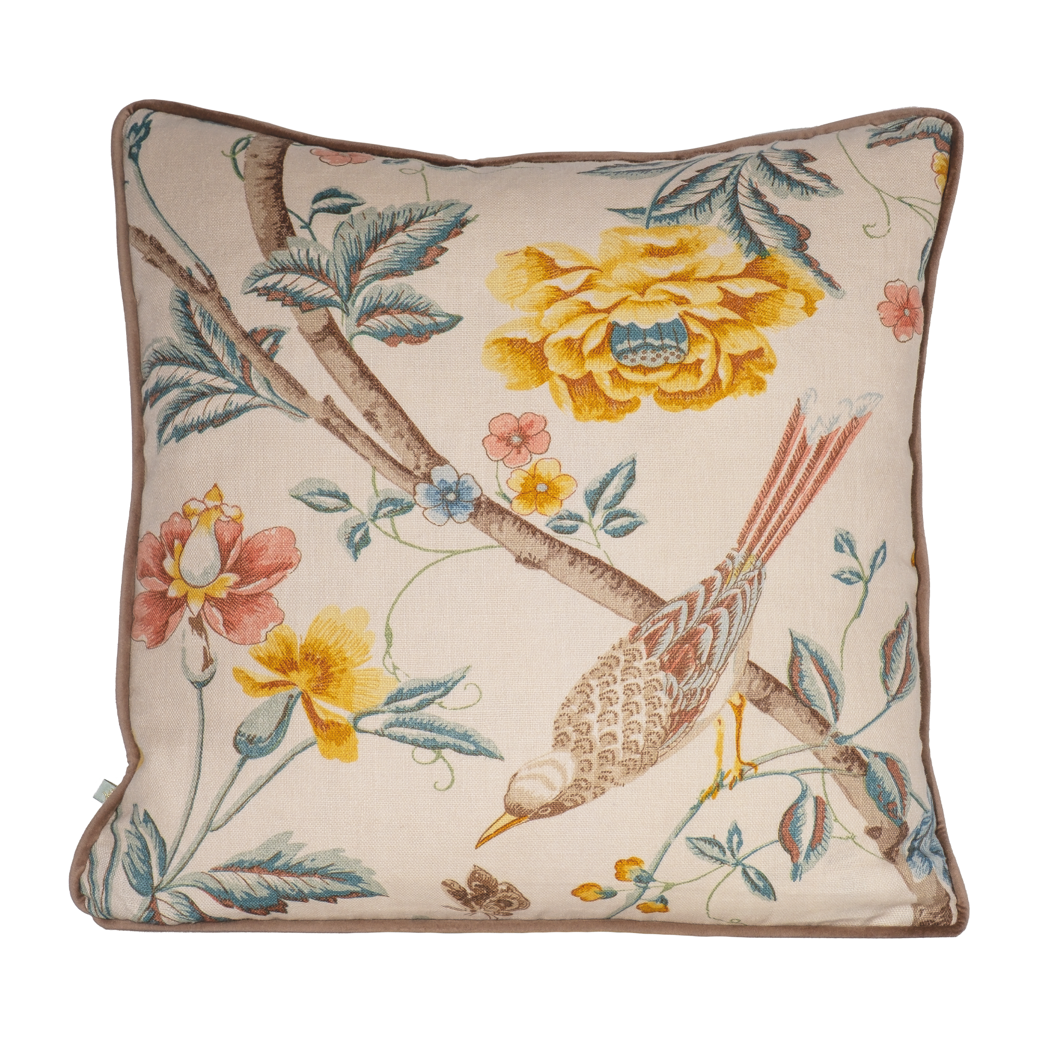 Decorative cushion with floral and bird design on a linen background