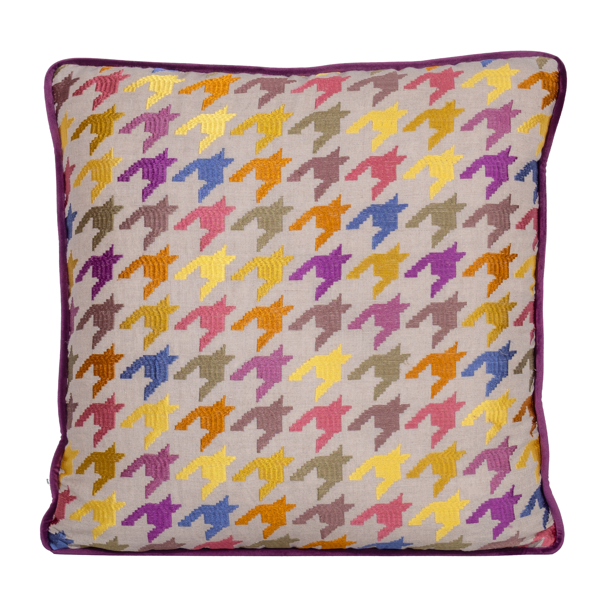 Multicoloured cushion with an embroidered houndstooth pattern in purple gold and orange on a natural linen base