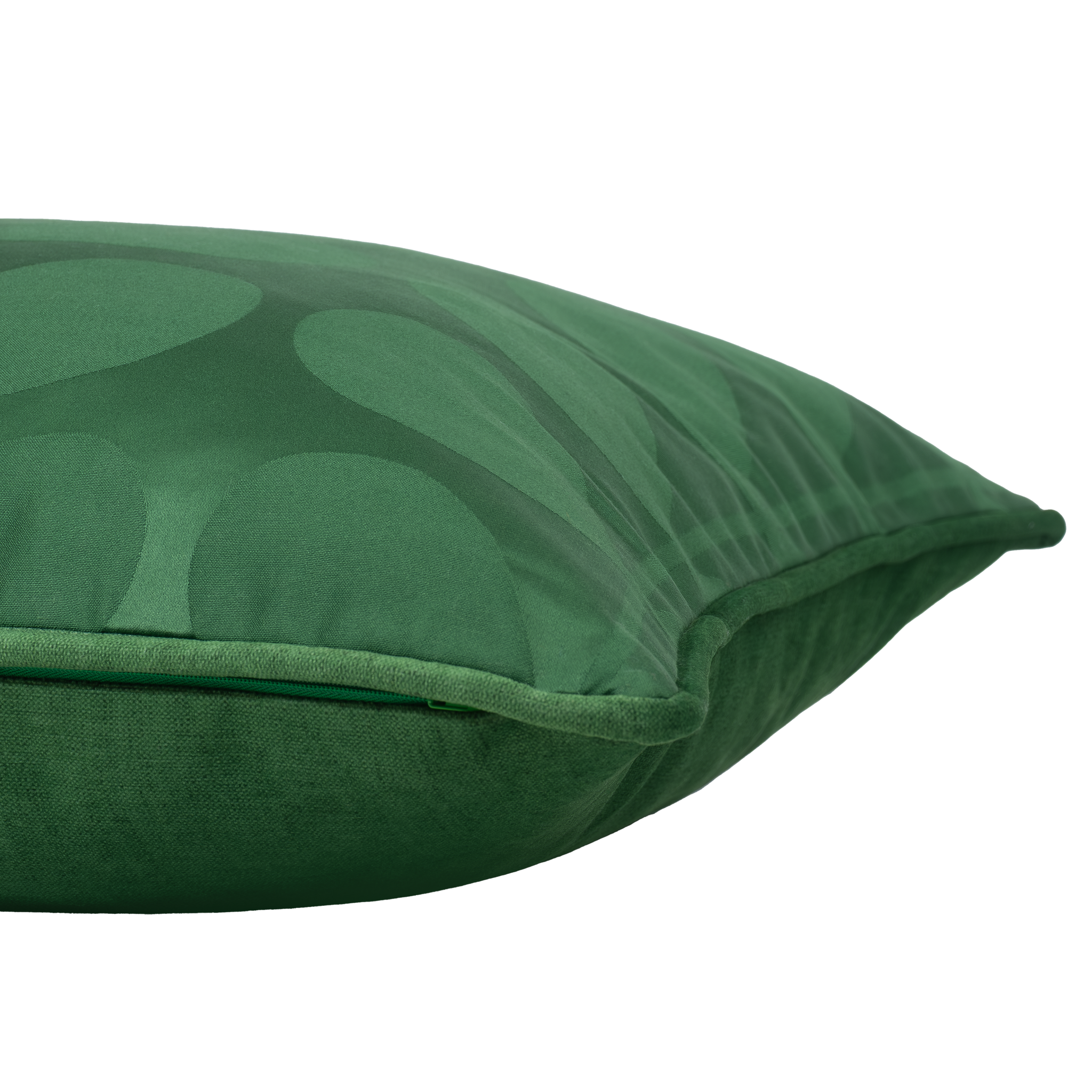Side shot of an emerald green cushion with a linear leaf mid-century pattern