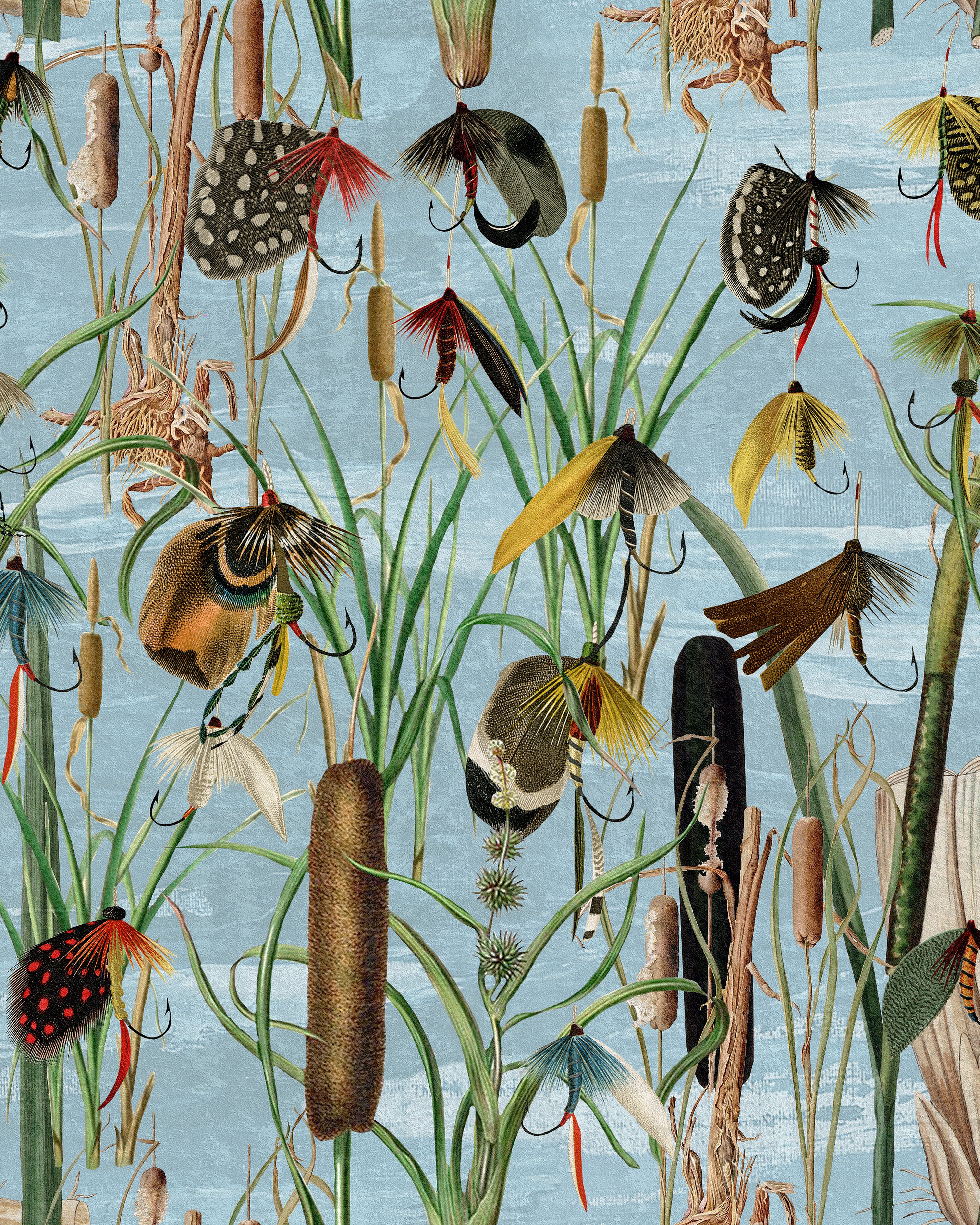 Image of fishing flies aquamarine wallpaper from Mind The Gap. This design features a detailed pattern of fishing flies and reeds  in vibrant hues of green, orange, red and yellow, set against a light blue background. The finely illustrated flies evoke a vintage aesthetic.