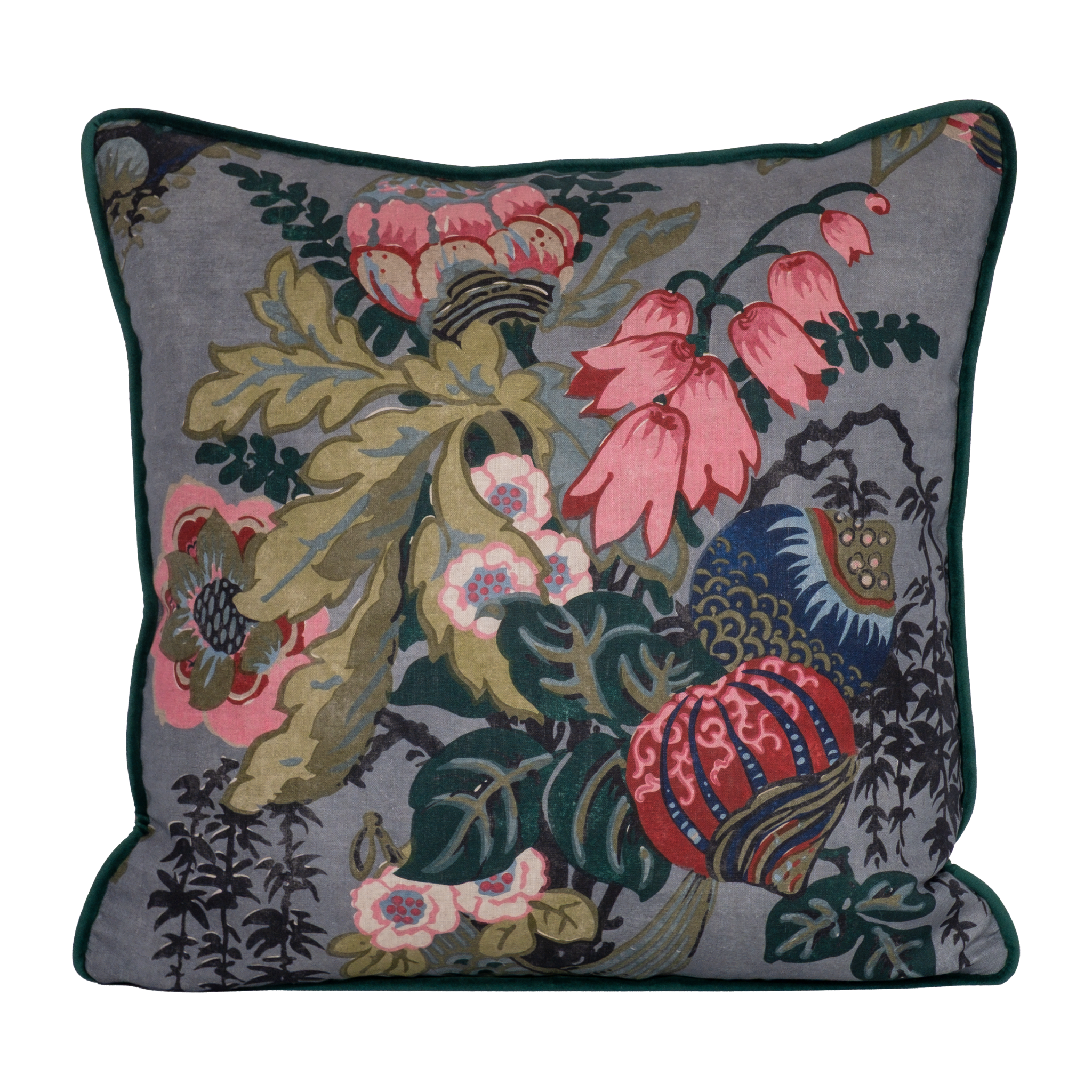 Decorative floral cushion with large boquet of flowers in grey pink red navy and aquamarine.