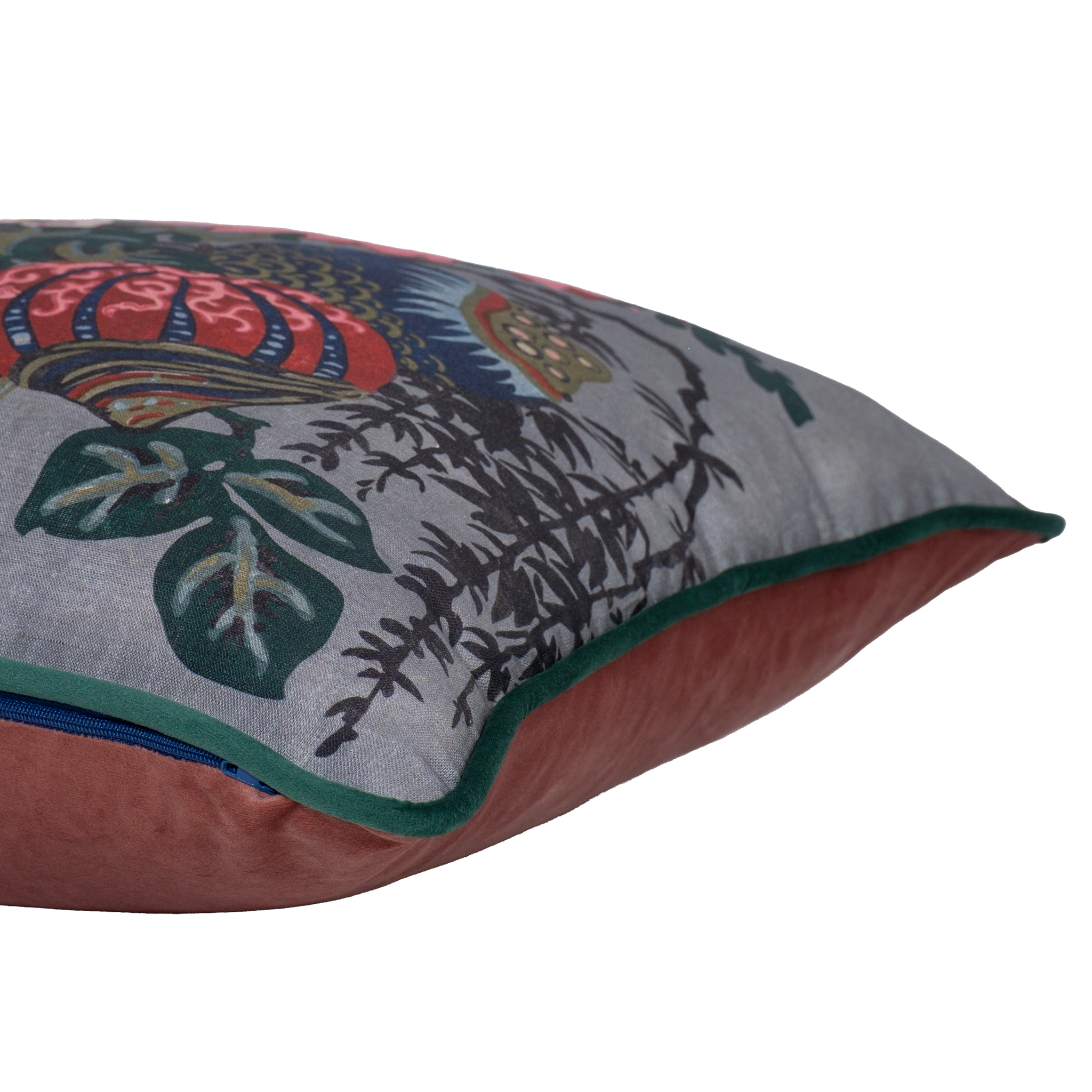 Side shot of a decorative floral cushion with large boquet of flowers in grey pink red navy and aquamarine.
