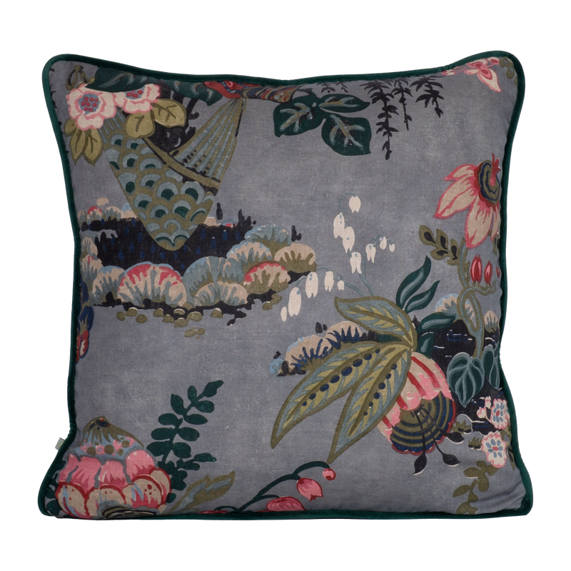 Decorative floral cushion with large boquet of flowers in grey pink red navy and aquamarine.