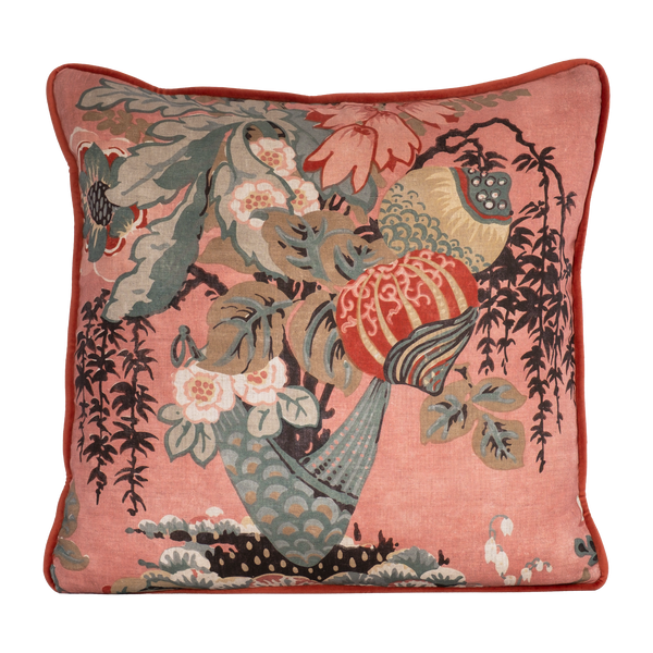 Decorative linen cushion with a large boquet of flowers in salmon, red, duck egg blue and rich brown.