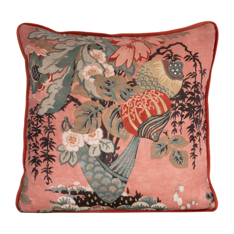 Decorative linen cushion with a large boquet of flowers in salmon, red, duck egg blue and rich brown.