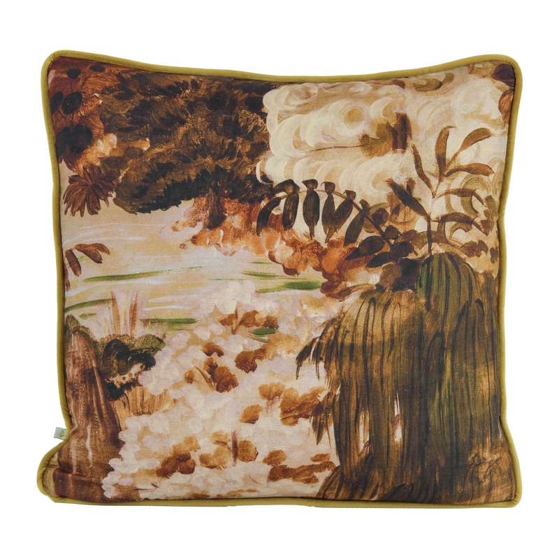 Cushion featuring an impressionist style painting of a forest scene